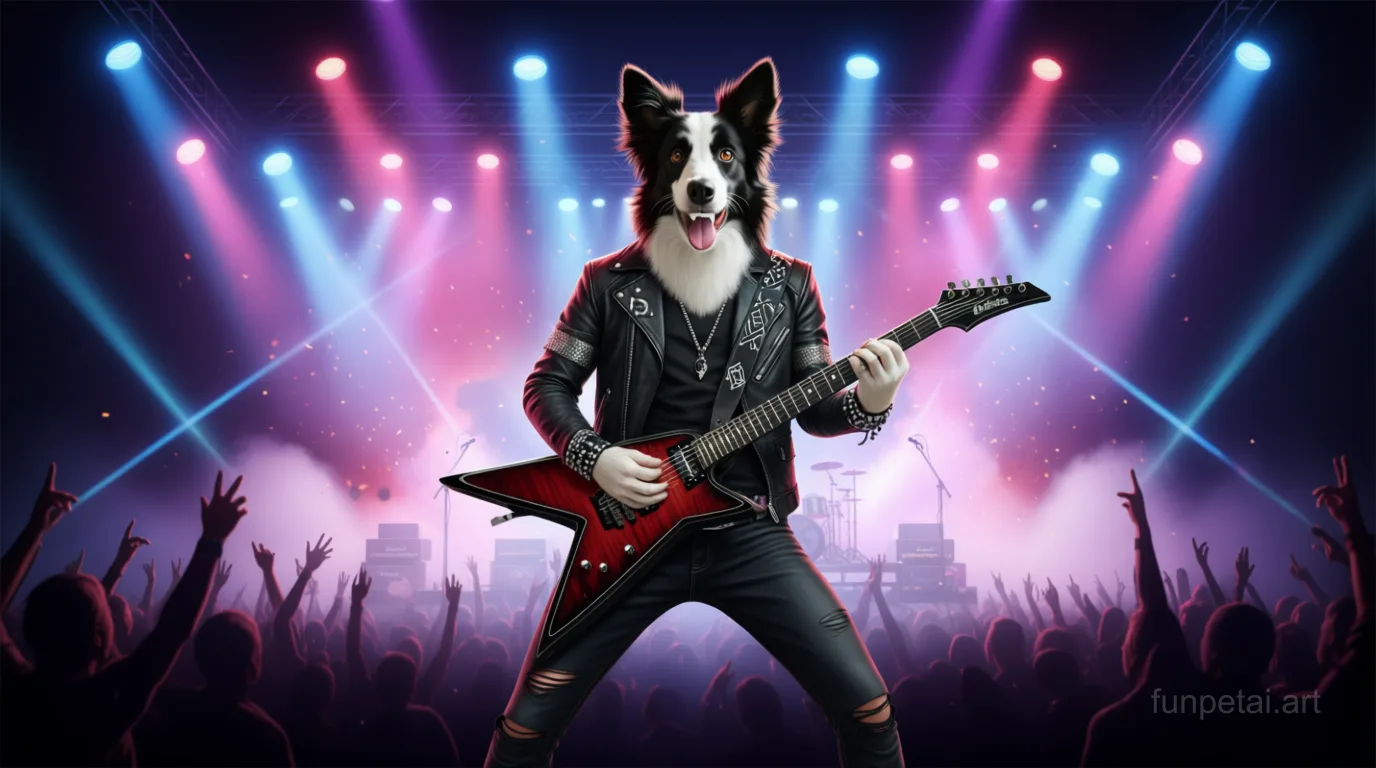 Border Collie on stage with an electric guitar and concert lights, cinematic AI pet portrait
