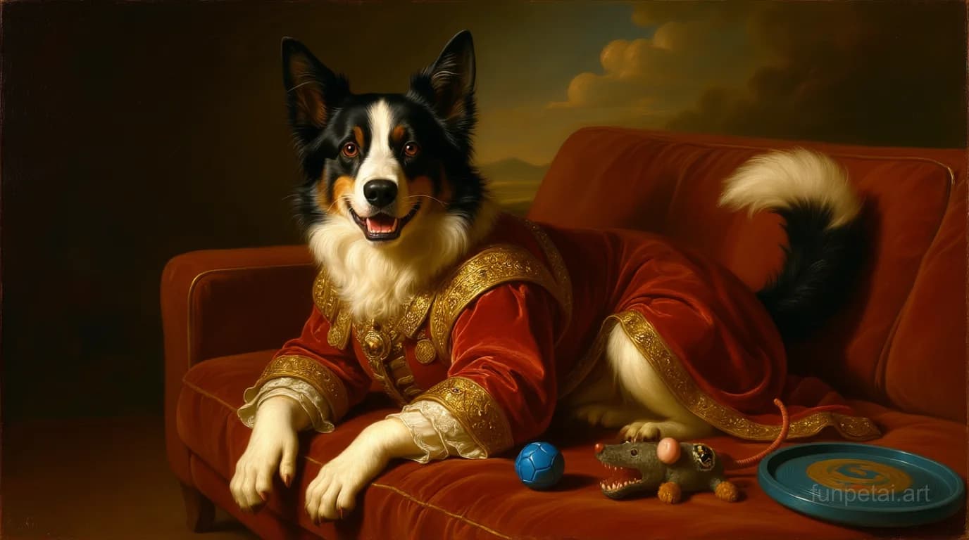 Border Collie in a royal portrait with ornate outfit, classic oil texture, cinematic AI pet portrait
