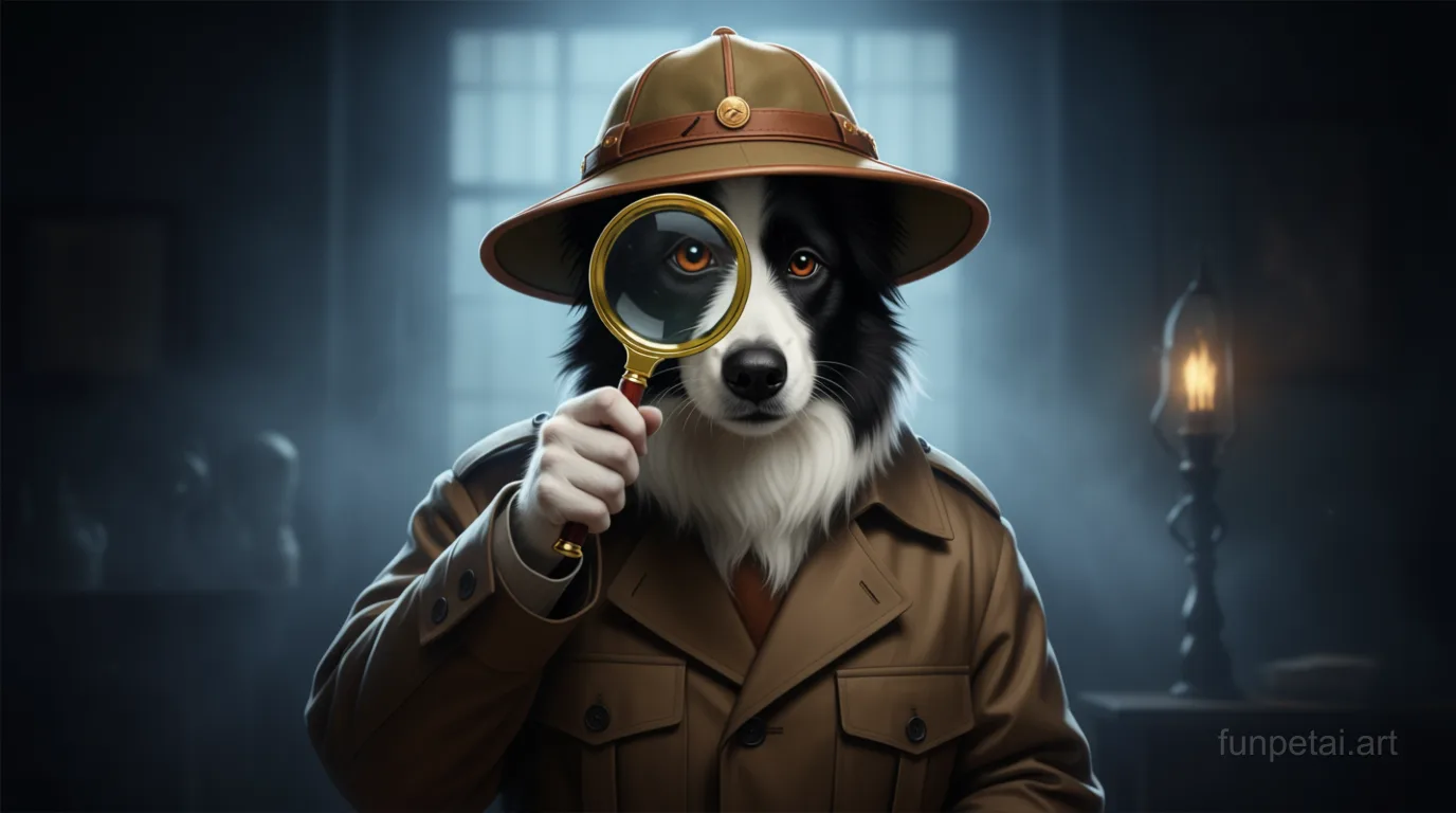 Border Collie as a detective with a deerstalker hat and magnifier, cinematic AI pet portrait