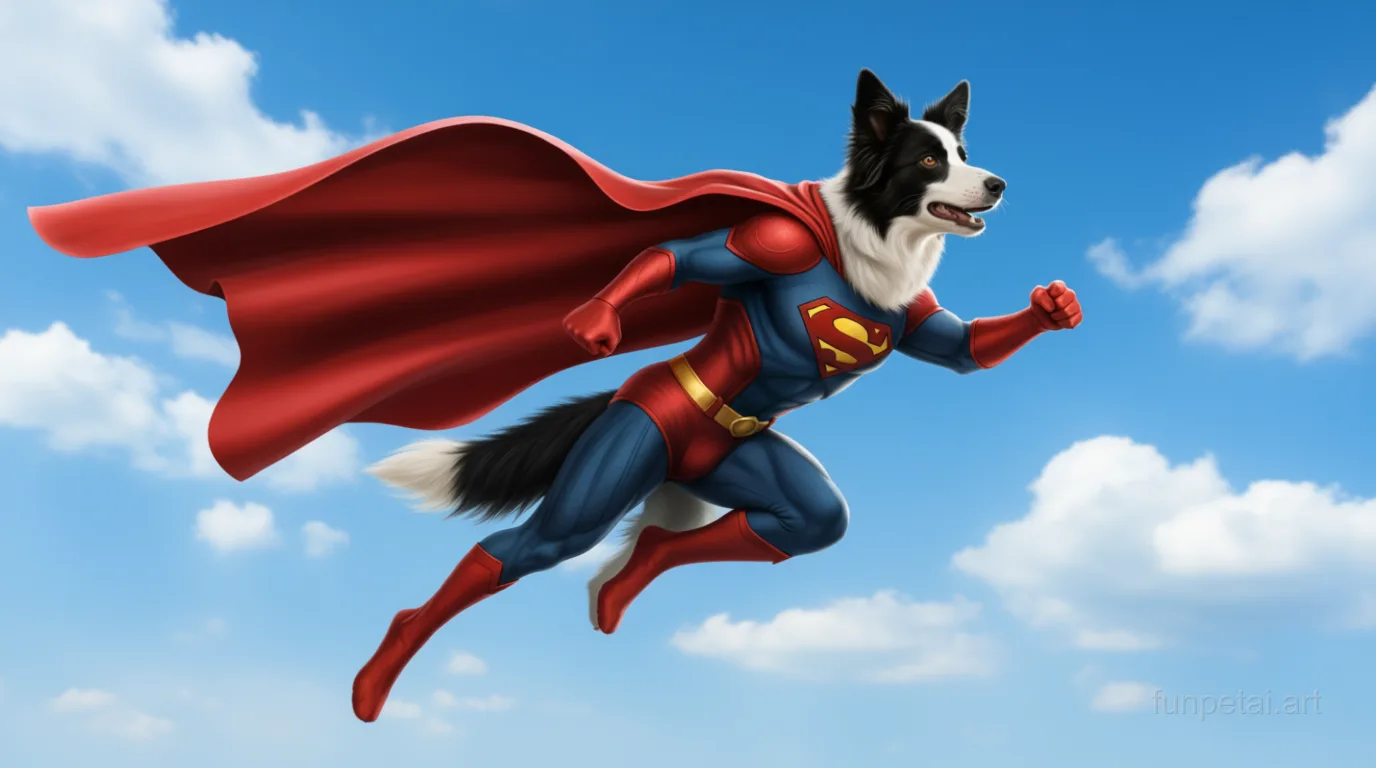 Border Collie as a superhero with a cape and heroic sky, cinematic AI pet portrait