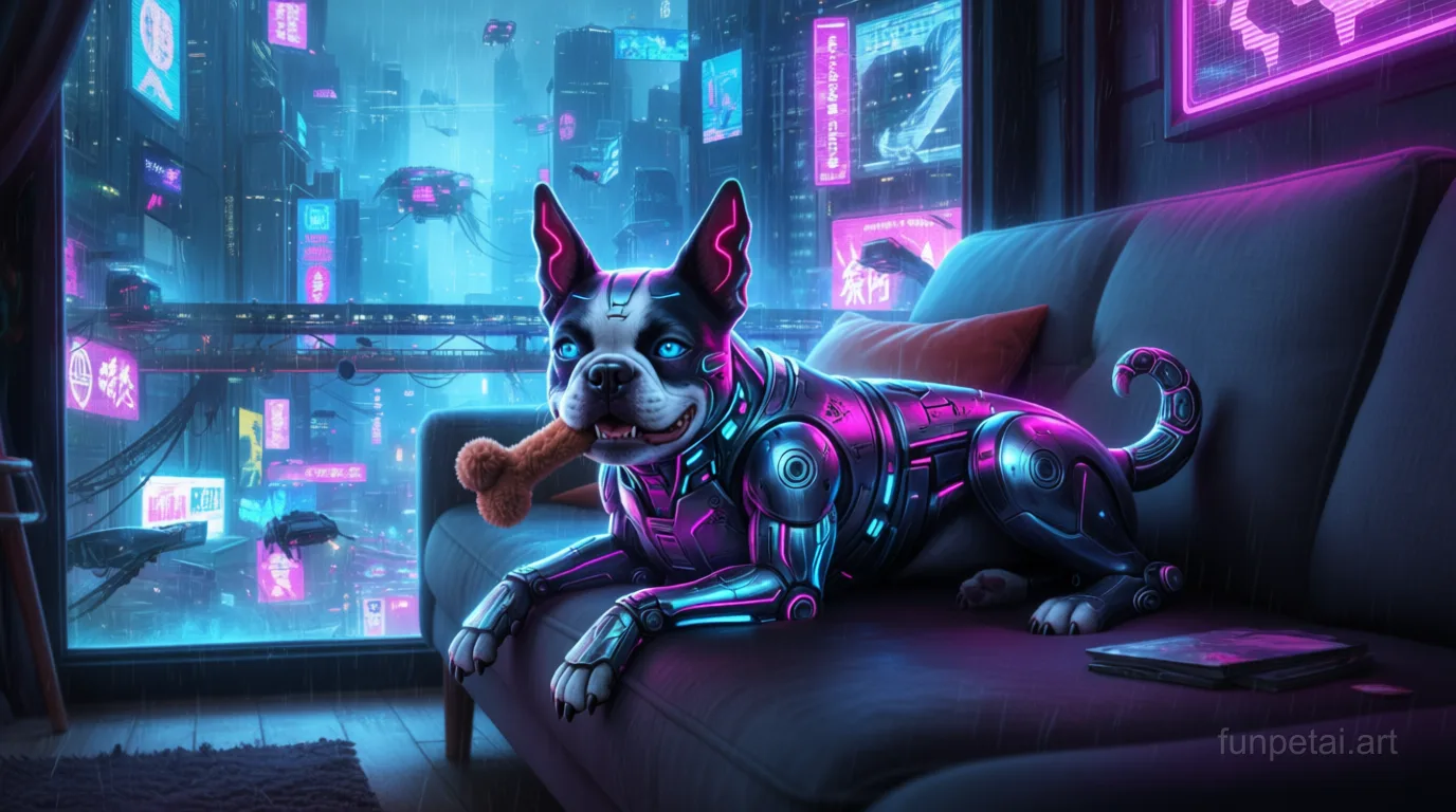 Boston Terrier in neon cyberpunk city lights with metallic accents, cinematic AI pet portrait