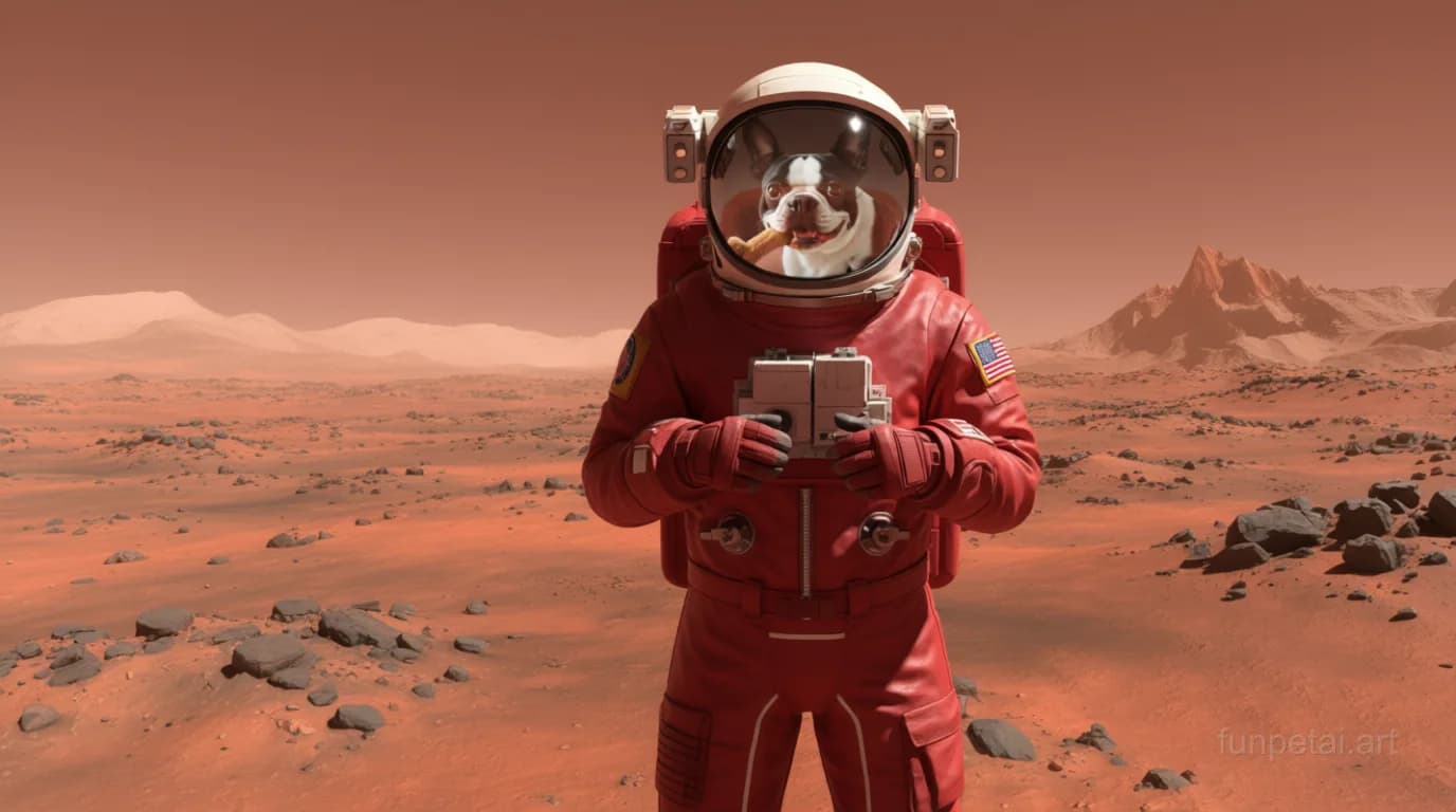 Boston Terrier wearing a space suit on Mars, red planet glow, cinematic AI pet portrait