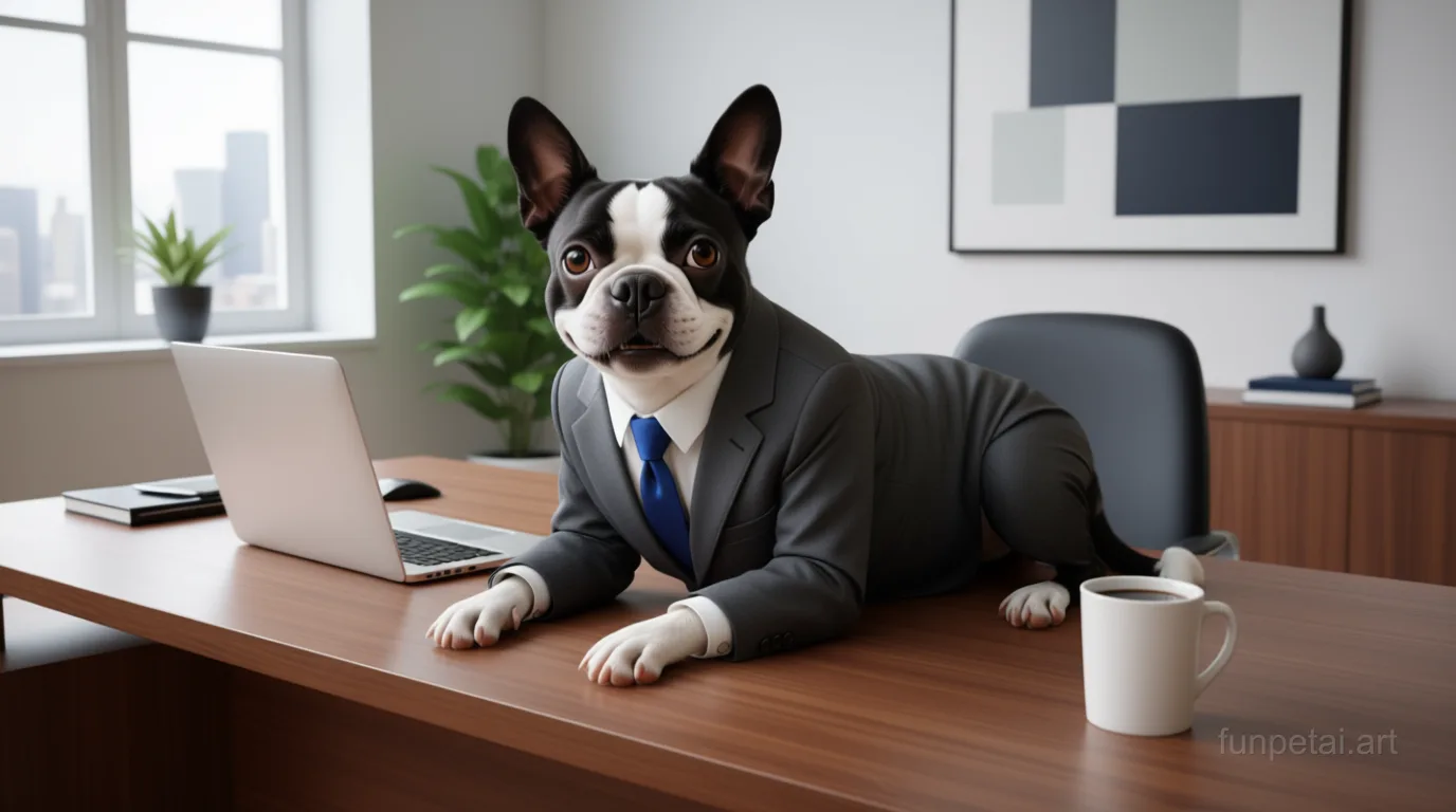Boston Terrier in a tailored suit at a modern office desk, cinematic AI pet portrait