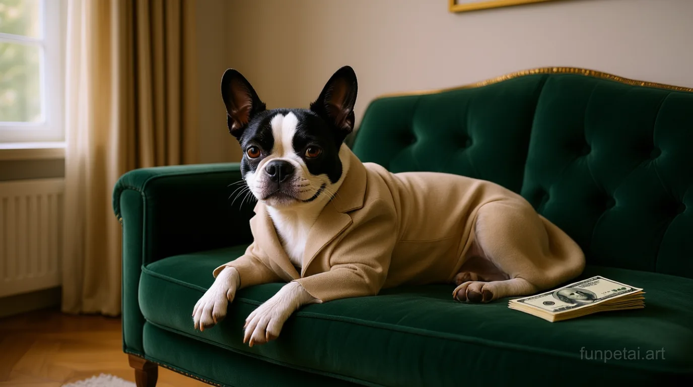 Boston Terrier in an old money portrait with cashmere texture, cinematic AI pet portrait