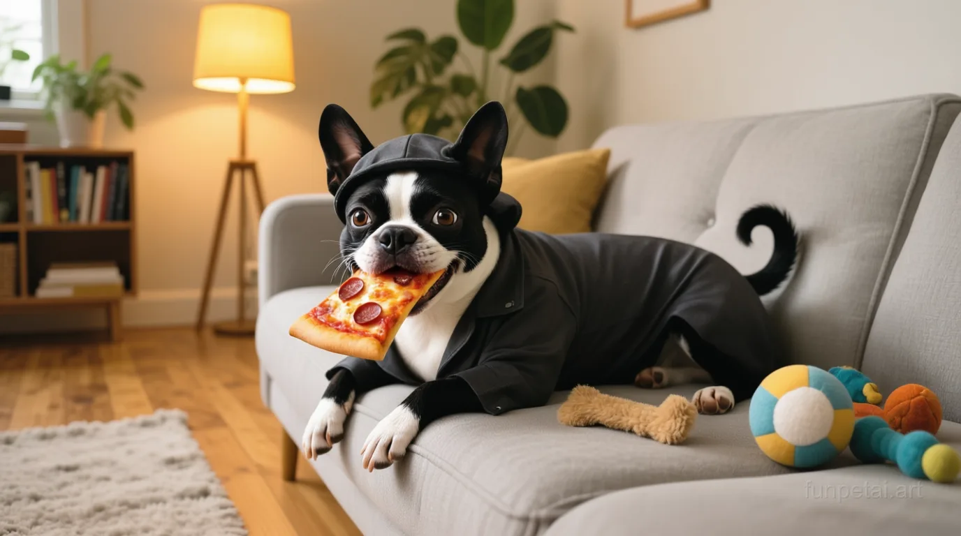 Boston Terrier stealing a pizza slice with a playful expression, cinematic AI pet portrait