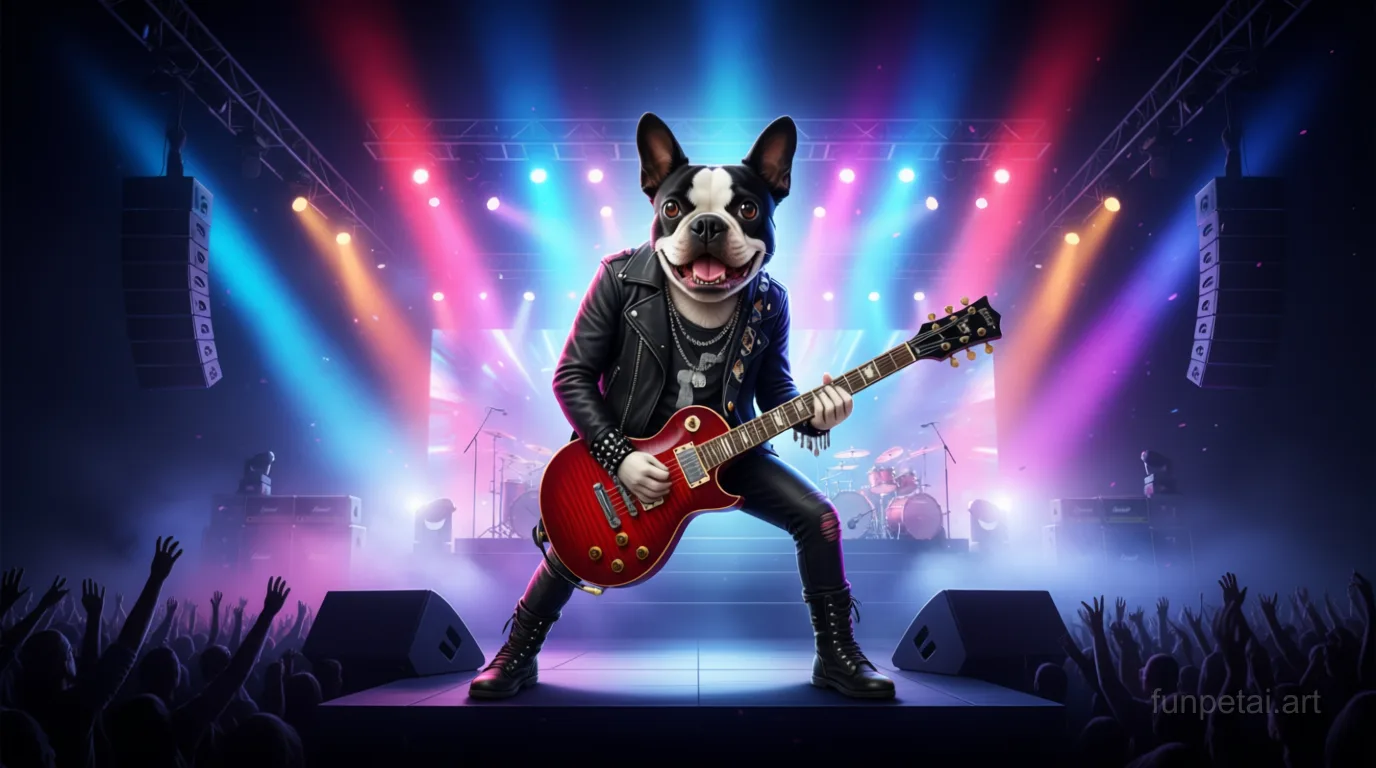 Boston Terrier on stage with an electric guitar and concert lights, cinematic AI pet portrait