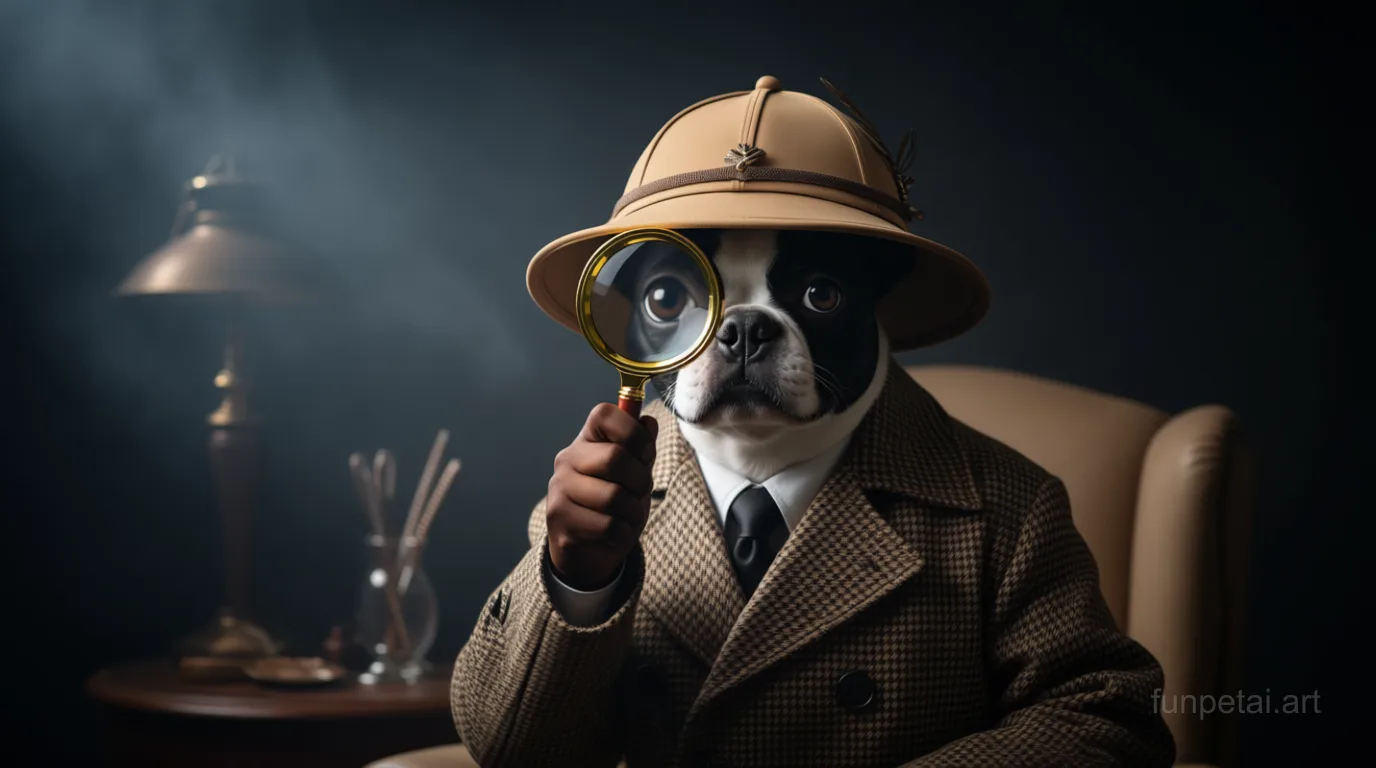 Boston Terrier as a detective with a deerstalker hat and magnifier, cinematic AI pet portrait