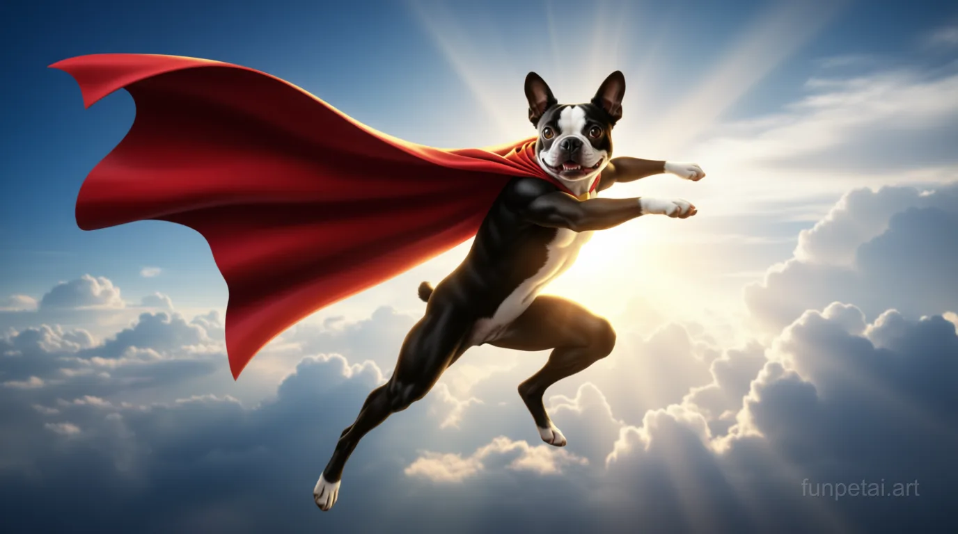 Boston Terrier as a superhero with a cape and heroic sky, cinematic AI pet portrait
