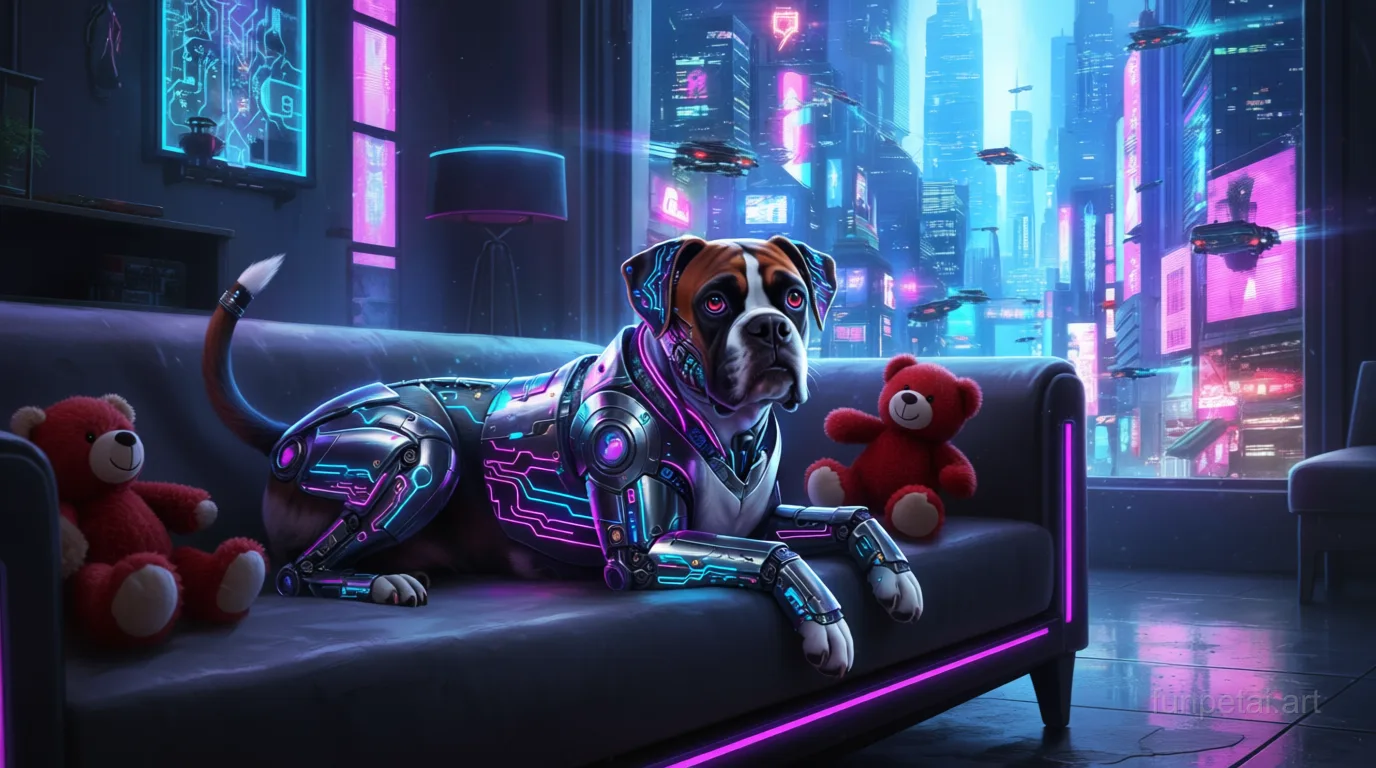 Boxer in neon cyberpunk city lights with metallic accents, cinematic AI pet portrait