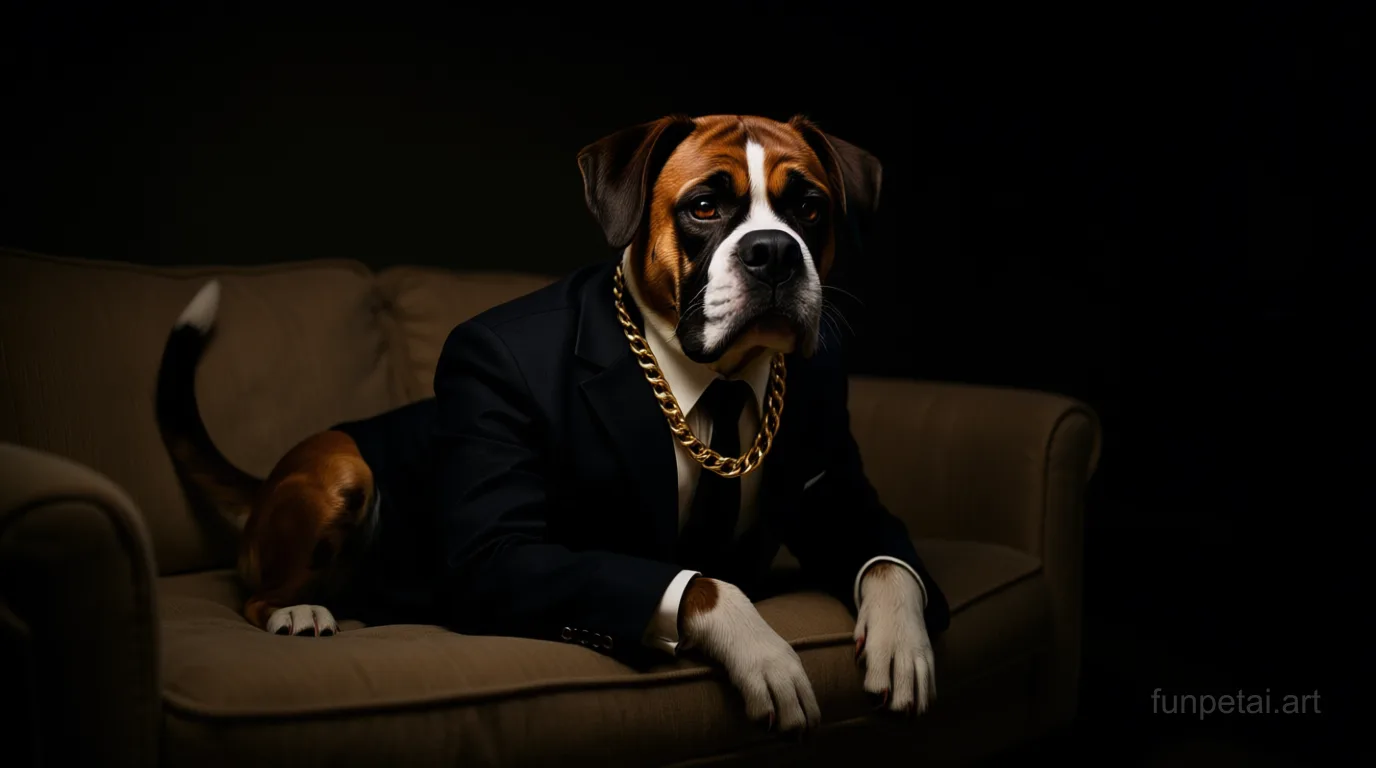 Boxer in a dark suit with gold chain, cinematic noir lighting, cinematic AI pet portrait