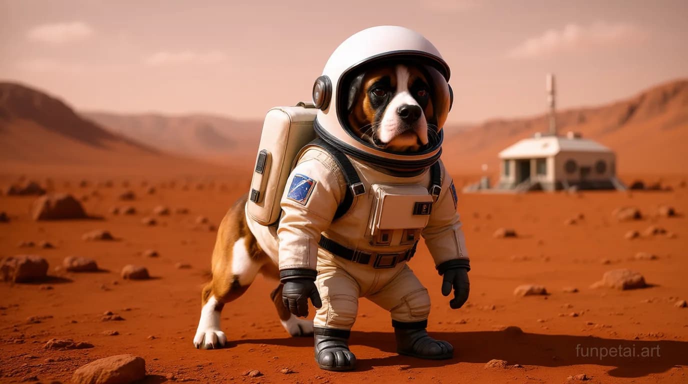 Boxer wearing a space suit on Mars, red planet glow, cinematic AI pet portrait