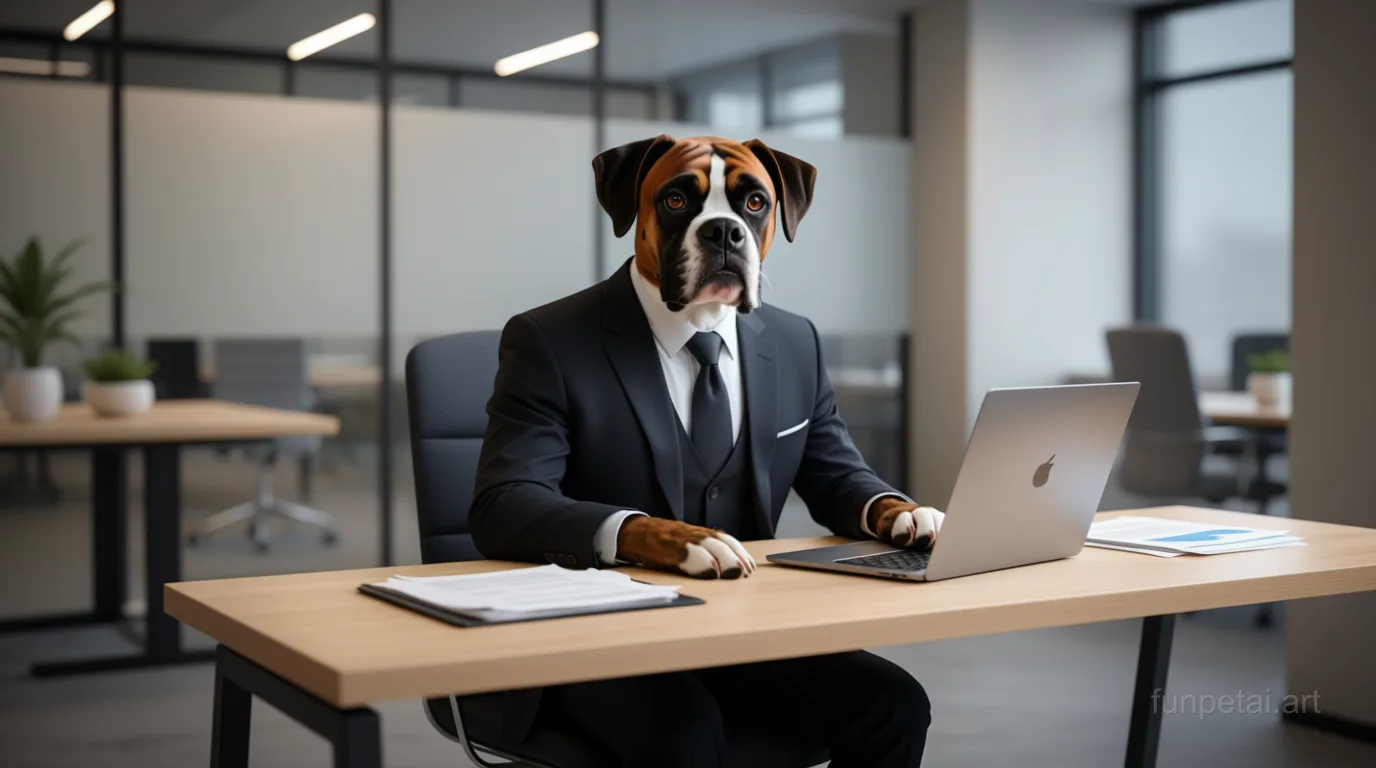 Boxer in a tailored suit at a modern office desk, cinematic AI pet portrait