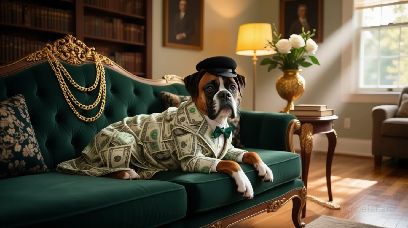 Boxer in an old money portrait with cashmere texture, cinematic AI pet portrait