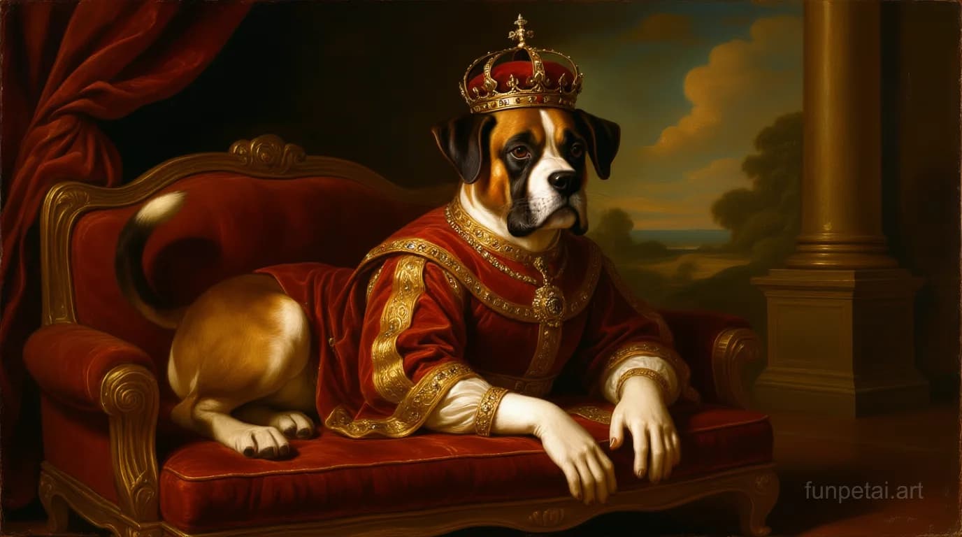 Boxer in a royal portrait with ornate outfit, classic oil texture, cinematic AI pet portrait