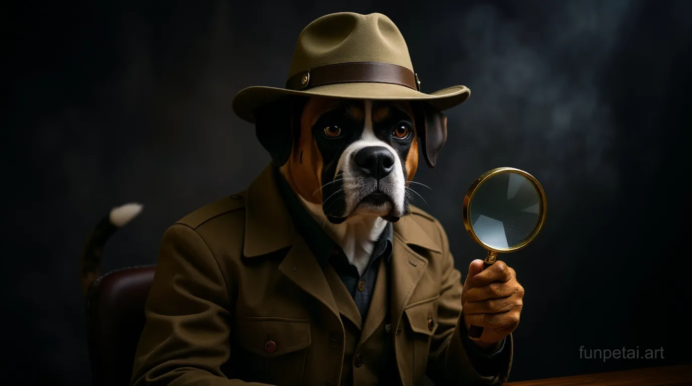 Boxer as a detective with a deerstalker hat and magnifier, cinematic AI pet portrait