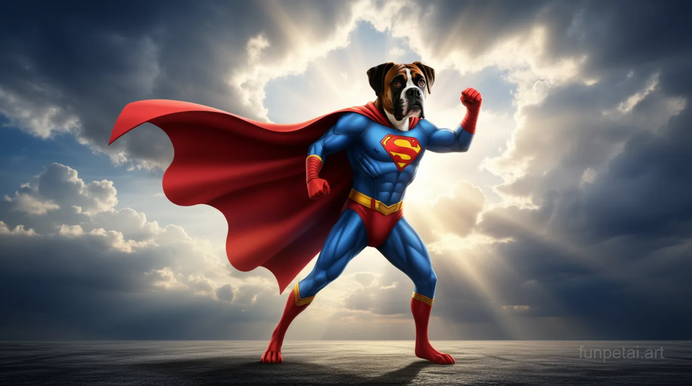 Boxer as a superhero with a cape and heroic sky, cinematic AI pet portrait