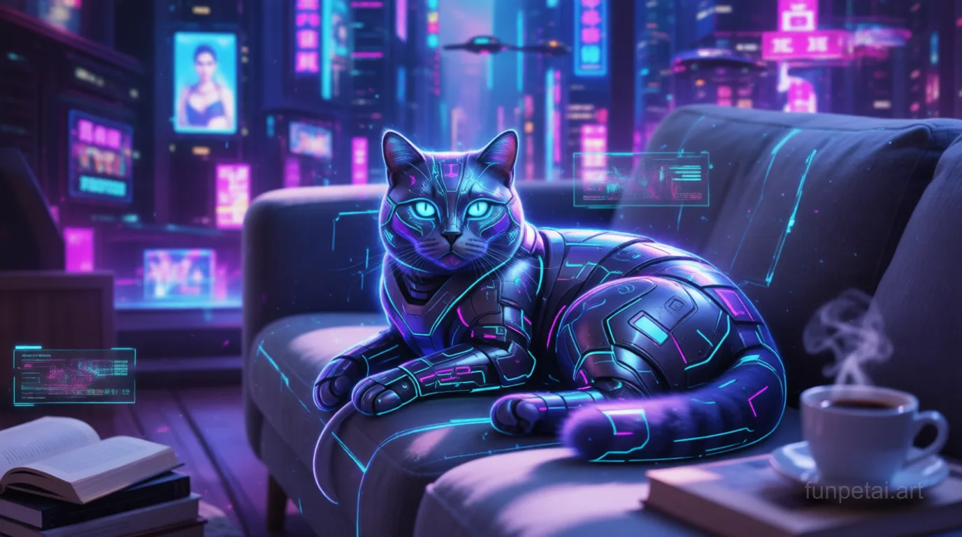 British Shorthair in neon cyberpunk city lights with metallic accents, cinematic AI pet portrait