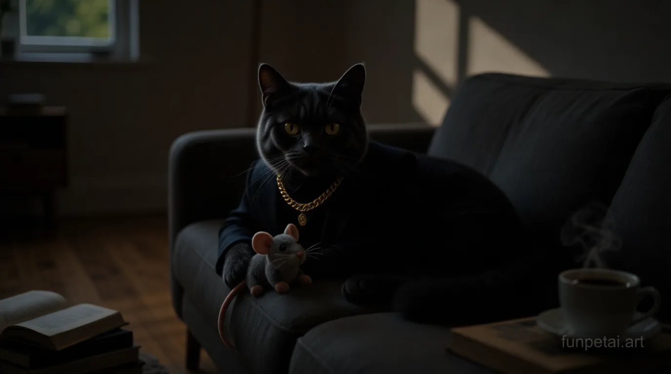 British Shorthair in a dark suit with gold chain, cinematic noir lighting, cinematic AI pet portrait
