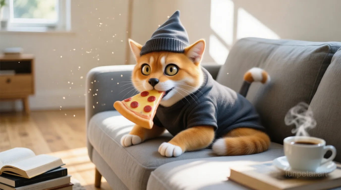 British Shorthair stealing a pizza slice with a playful expression, cinematic AI pet portrait