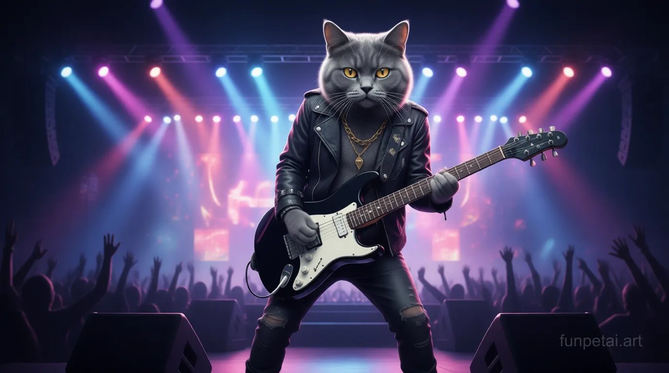 British Shorthair on stage with an electric guitar and concert lights, cinematic AI pet portrait