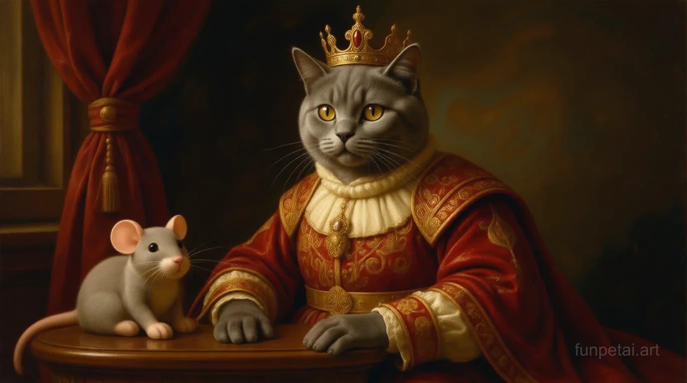 British Shorthair in a royal portrait with ornate outfit, classic oil texture, cinematic AI pet portrait