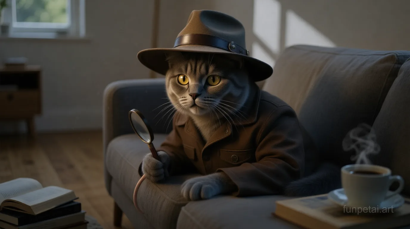 British Shorthair as a detective with a deerstalker hat and magnifier, cinematic AI pet portrait