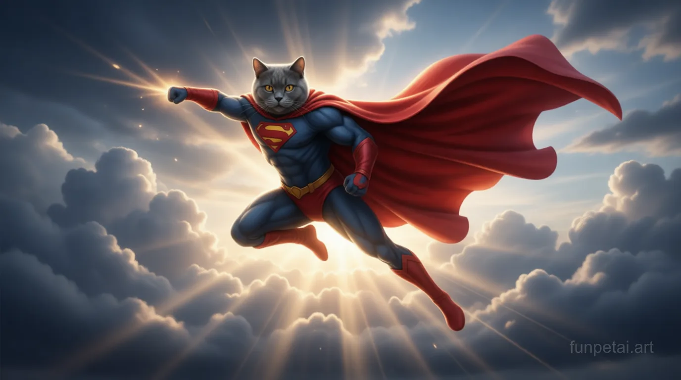 British Shorthair as a superhero with a cape and heroic sky, cinematic AI pet portrait