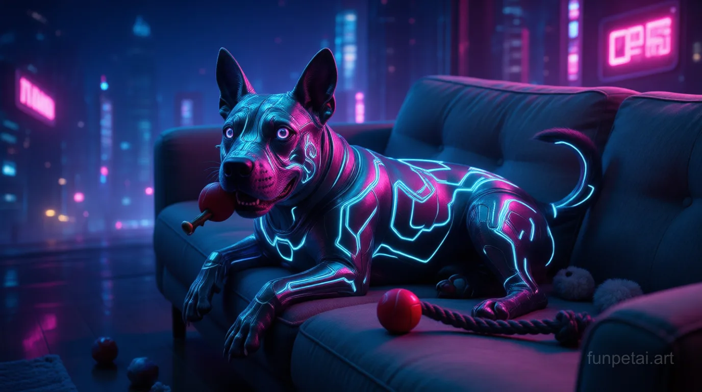 Bull Terrier in neon cyberpunk city lights with metallic accents, cinematic AI pet portrait