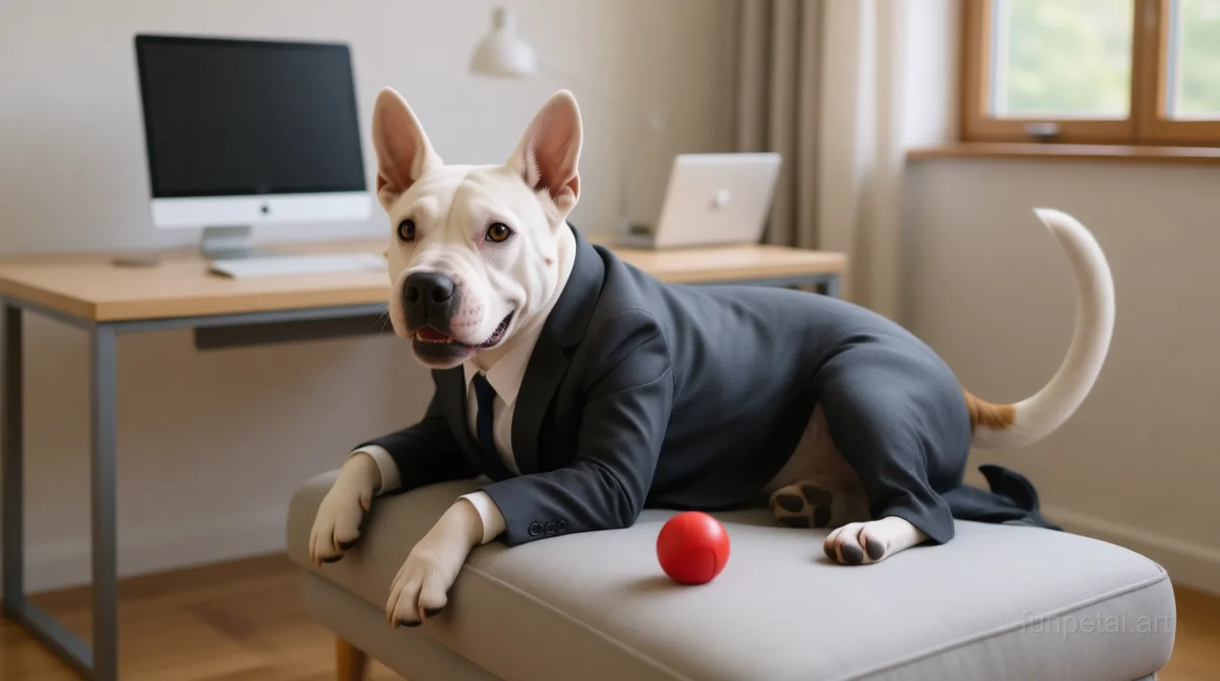 Bull Terrier in a tailored suit at a modern office desk, cinematic AI pet portrait