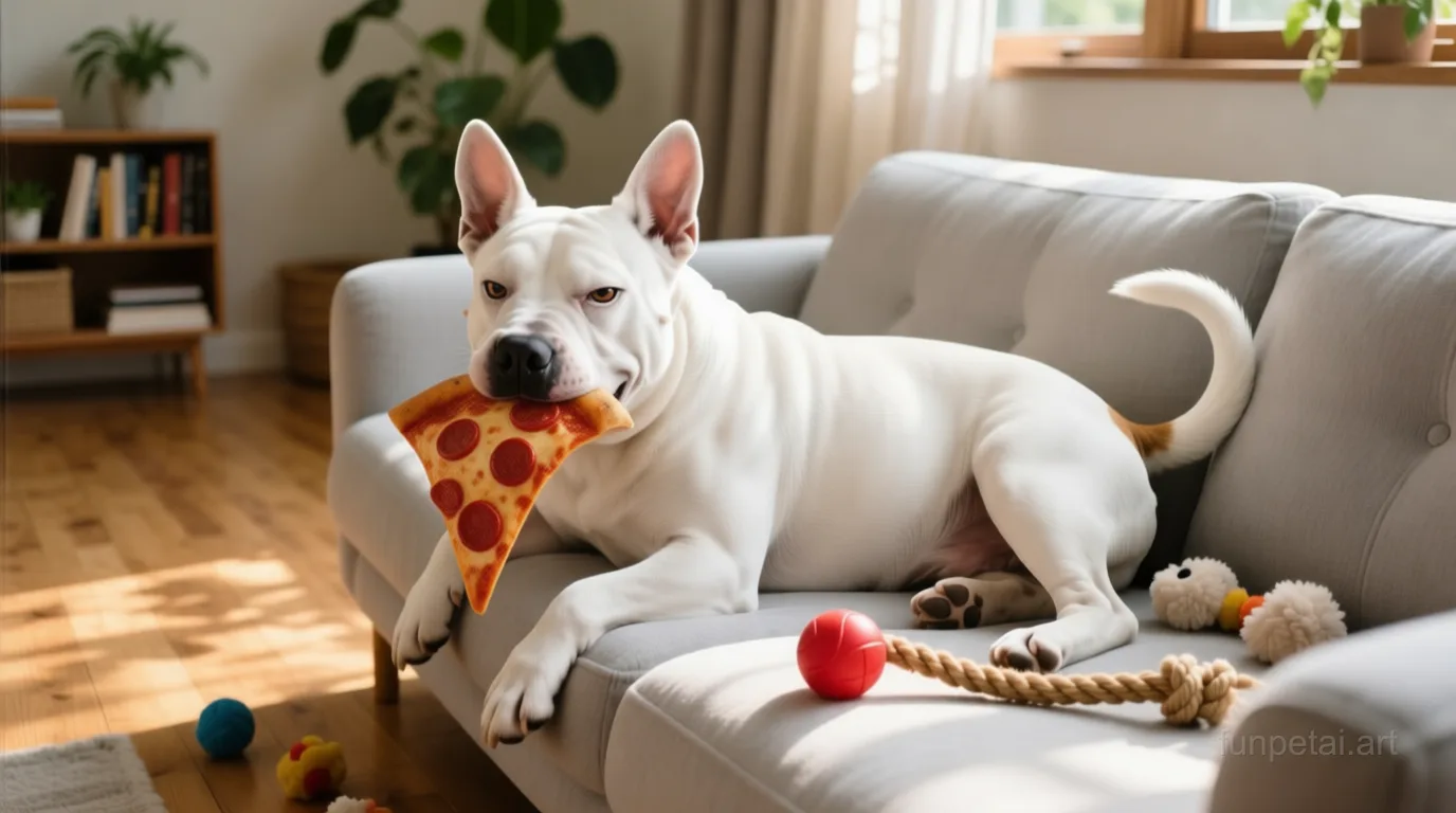 Bull Terrier stealing a pizza slice with a playful expression, cinematic AI pet portrait
