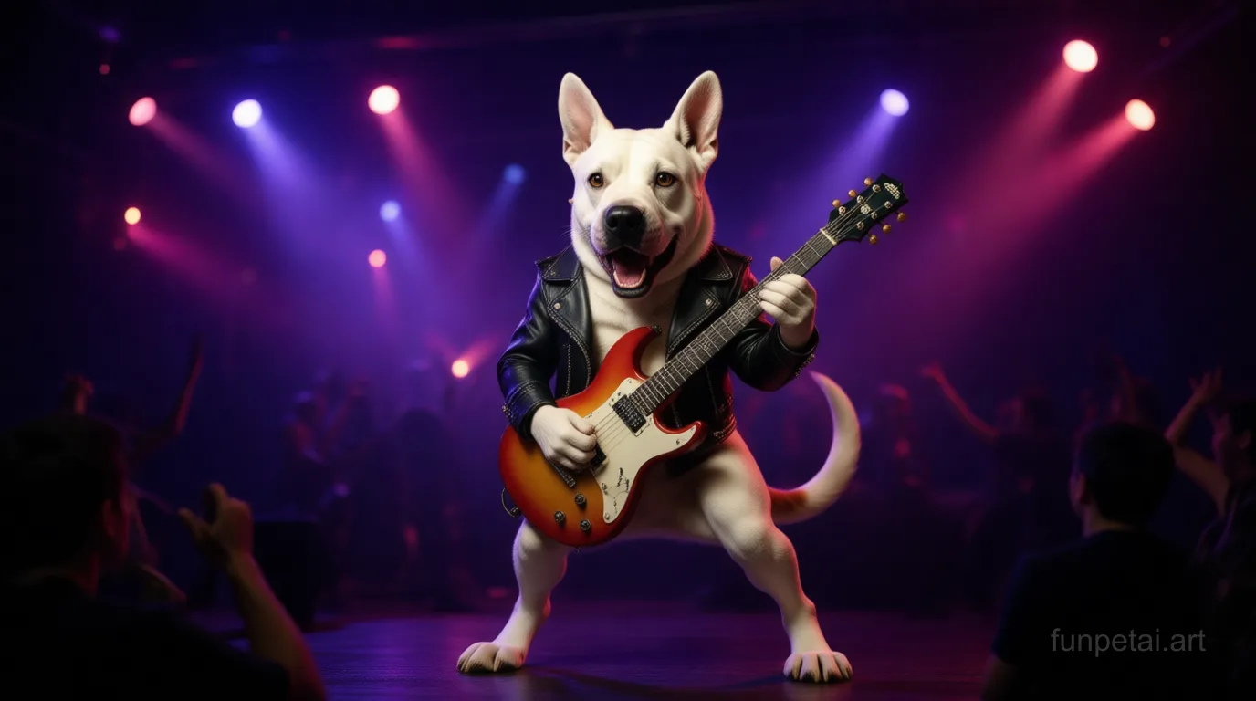 Bull Terrier on stage with an electric guitar and concert lights, cinematic AI pet portrait
