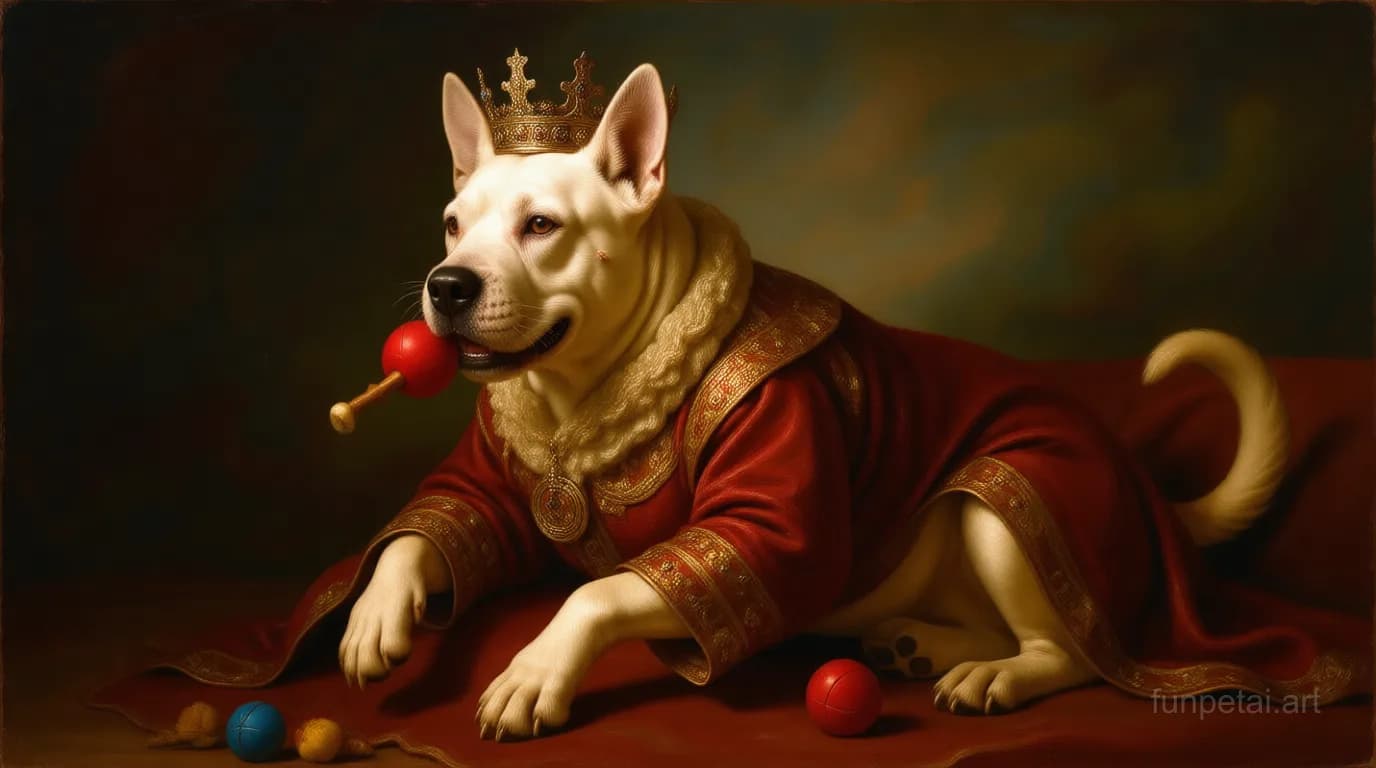 Bull Terrier in a royal portrait with ornate outfit, classic oil texture, cinematic AI pet portrait