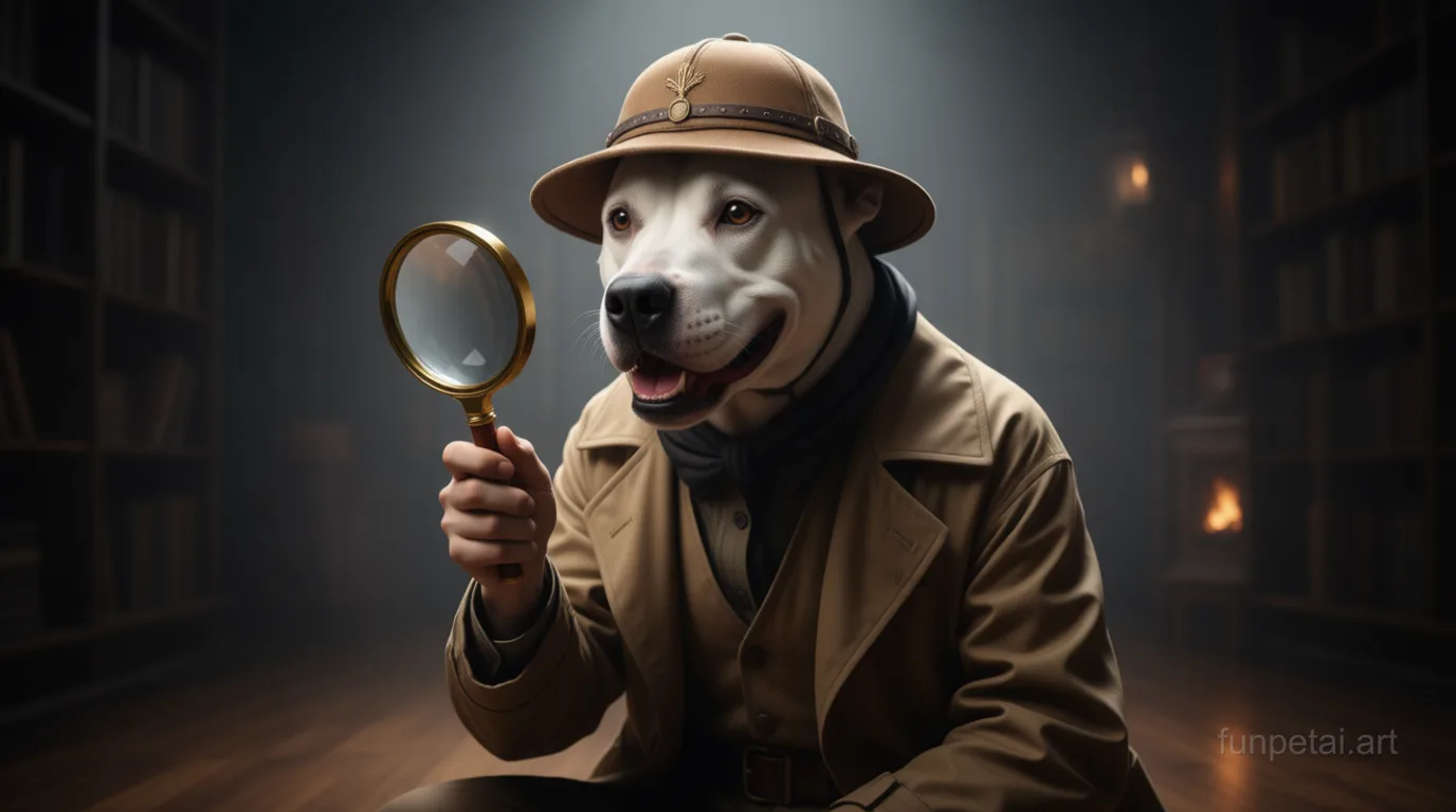 Bull Terrier as a detective with a deerstalker hat and magnifier, cinematic AI pet portrait