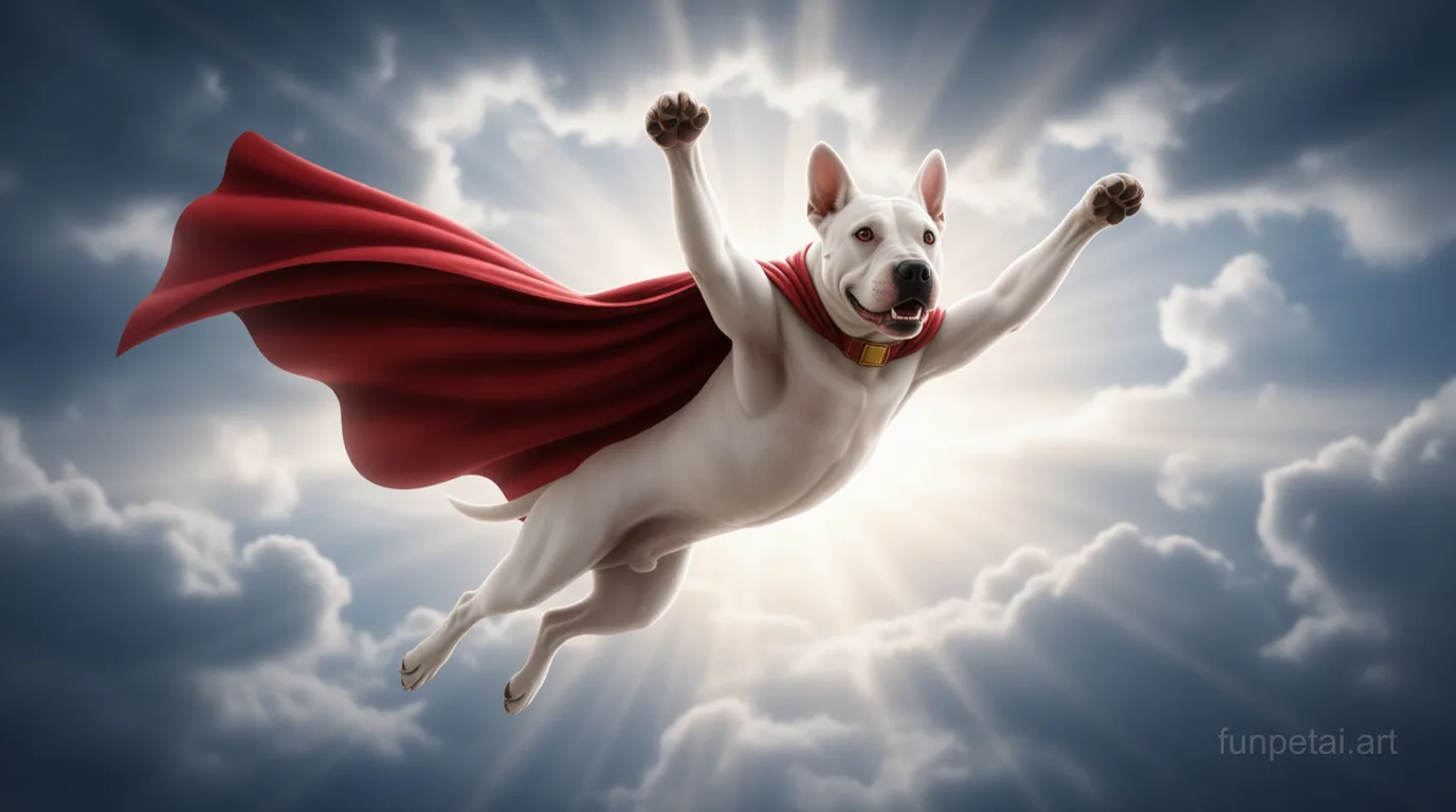 Bull Terrier as a superhero with a cape and heroic sky, cinematic AI pet portrait