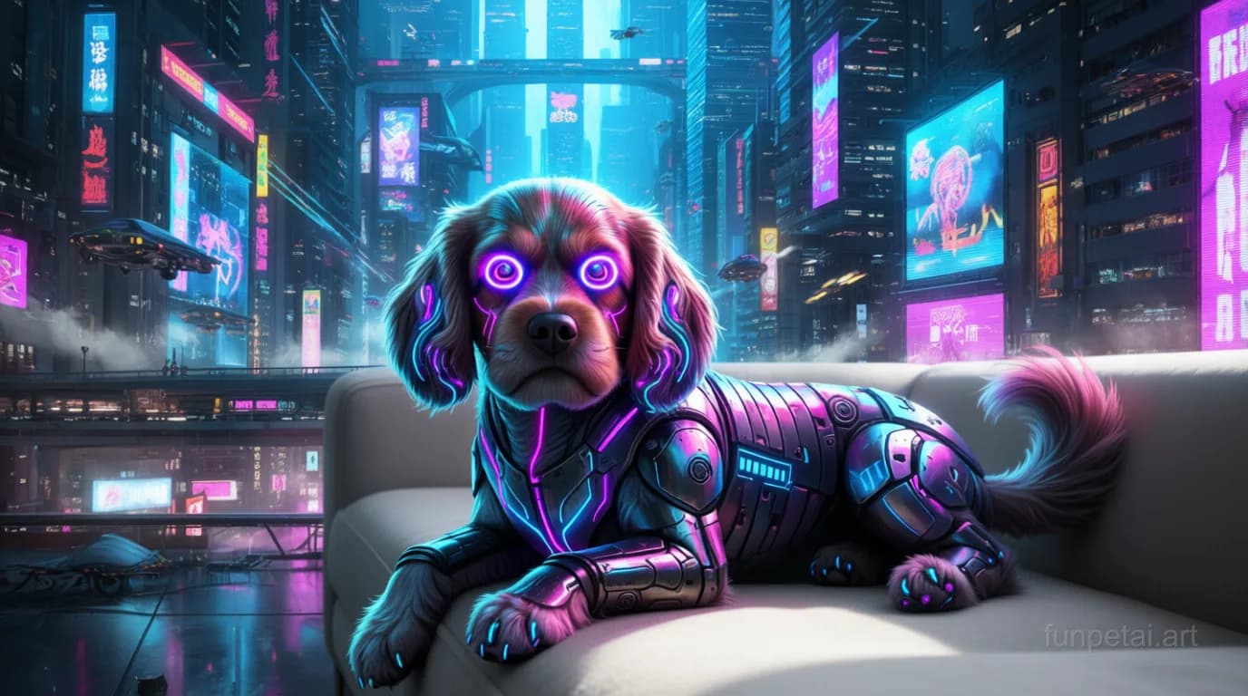 Cavapoo in neon cyberpunk city lights with metallic accents, cinematic AI pet portrait