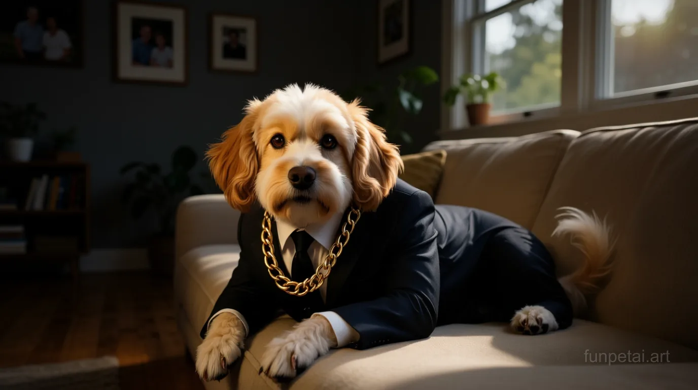 Cavapoo in a dark suit with gold chain, cinematic noir lighting, cinematic AI pet portrait