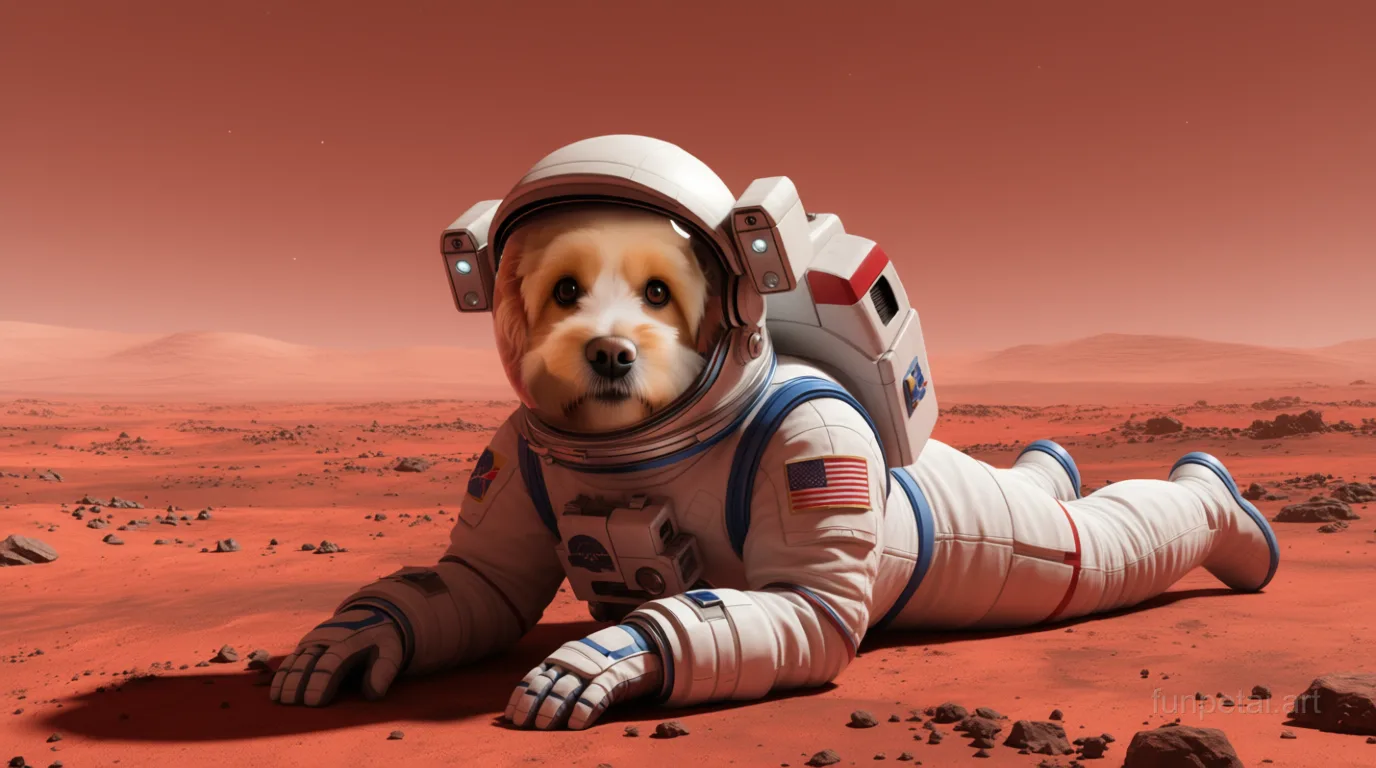 Cavapoo wearing a space suit on Mars, red planet glow, cinematic AI pet portrait