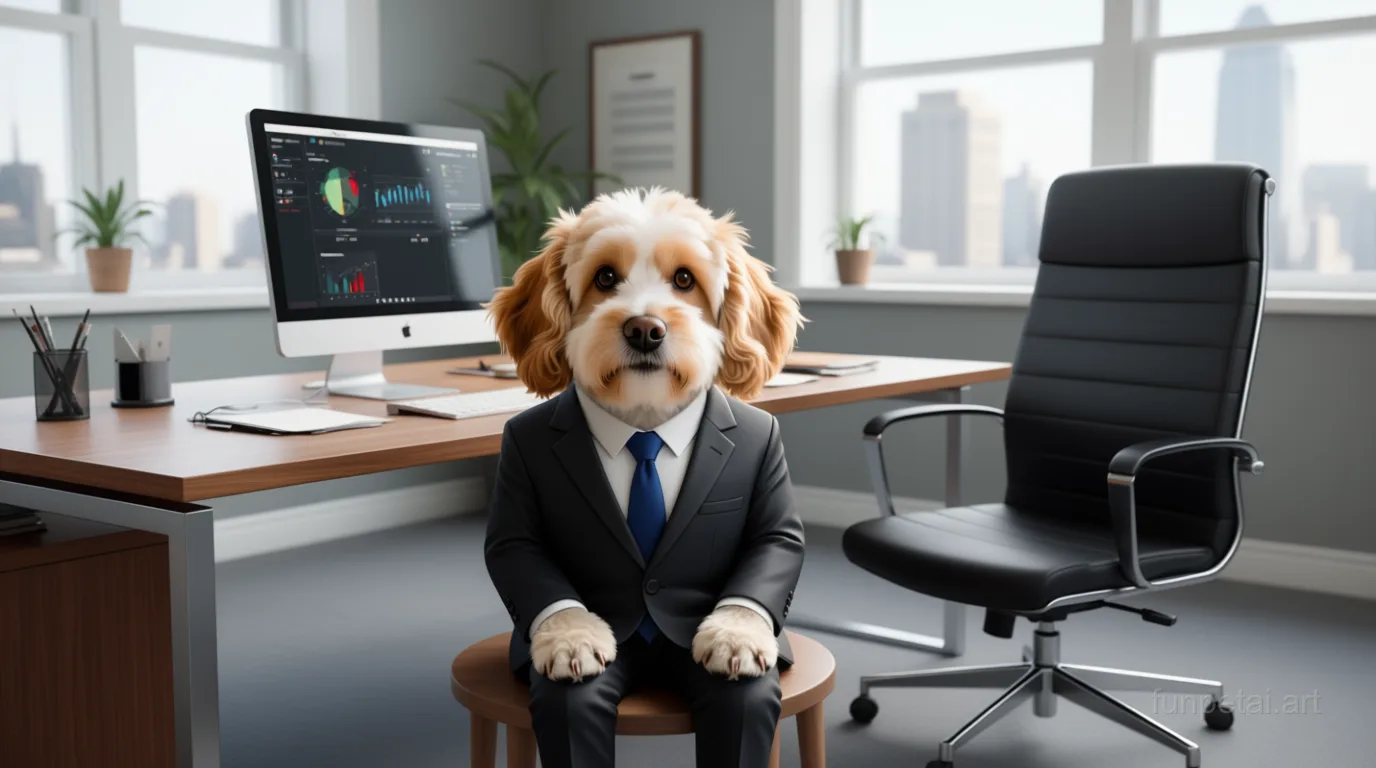 Cavapoo in a tailored suit at a modern office desk, cinematic AI pet portrait