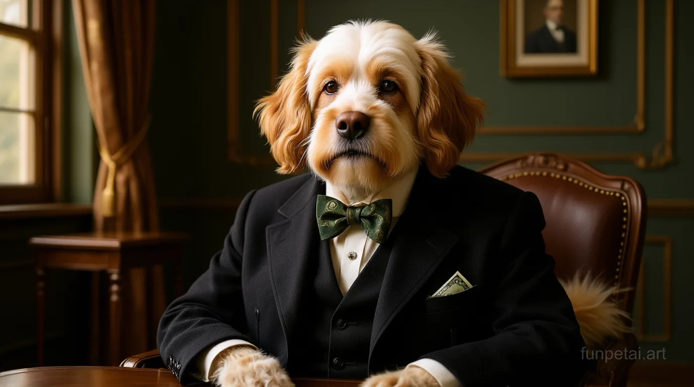 Cavapoo in an old money portrait with cashmere texture, cinematic AI pet portrait