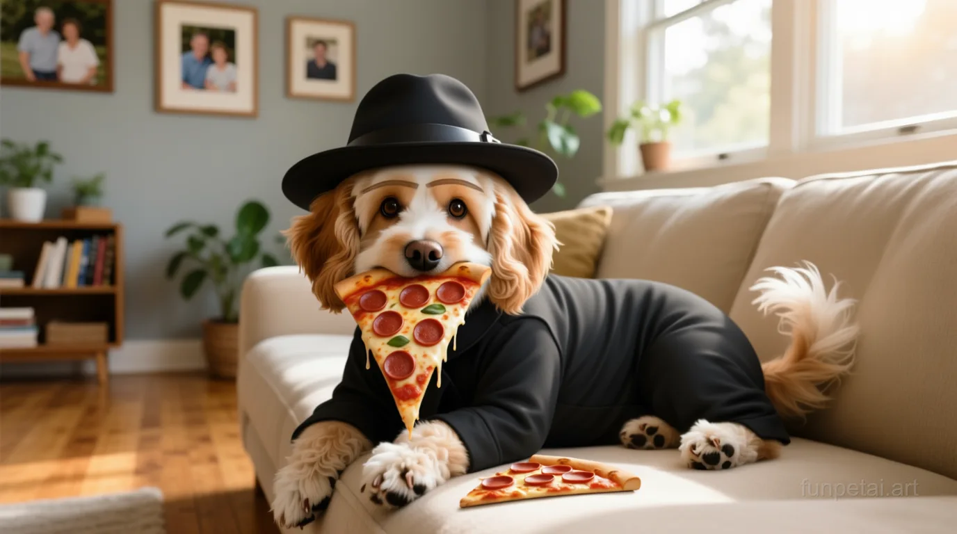 Cavapoo stealing a pizza slice with a playful expression, cinematic AI pet portrait
