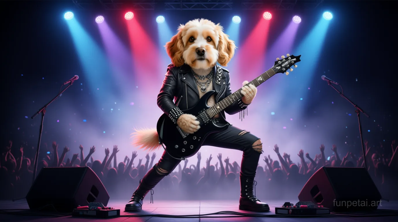Cavapoo on stage with an electric guitar and concert lights, cinematic AI pet portrait