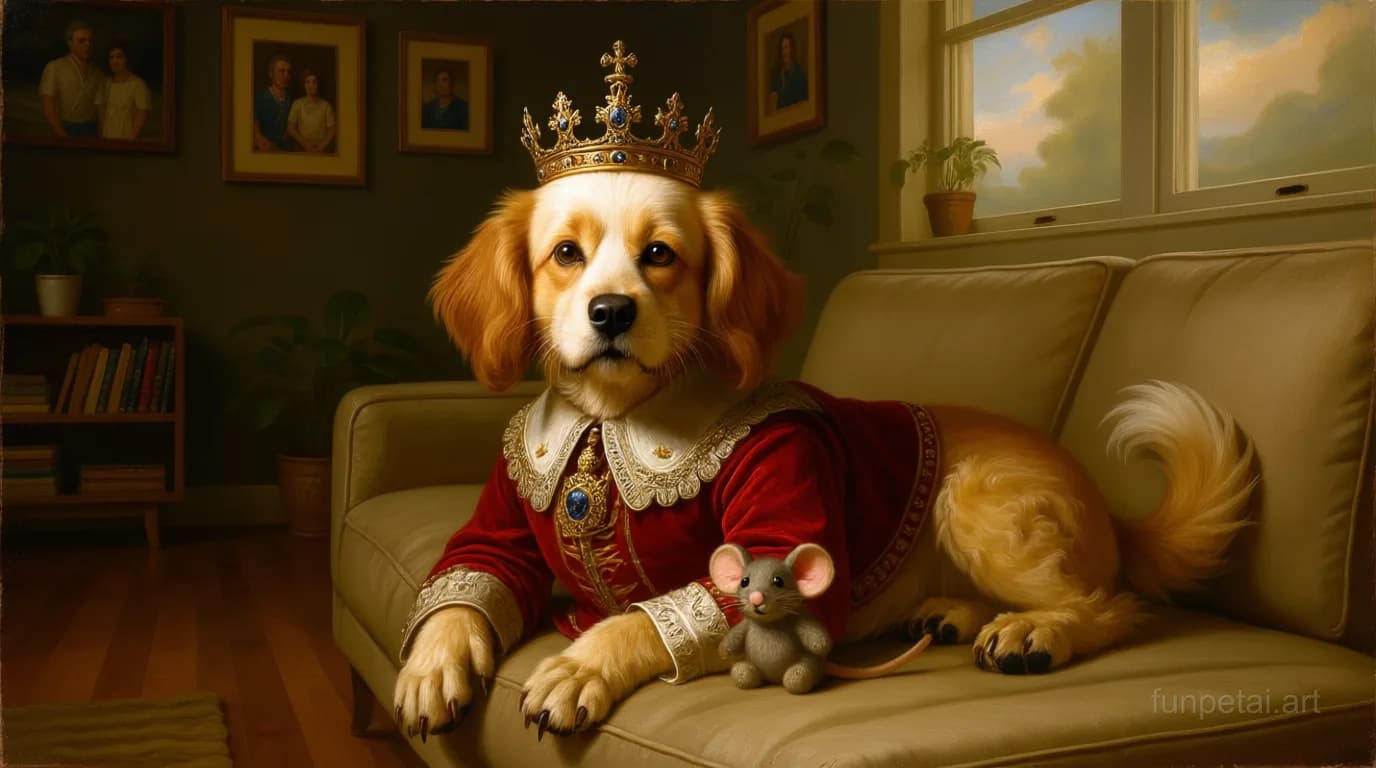 Cavapoo in a royal portrait with ornate outfit, classic oil texture, cinematic AI pet portrait