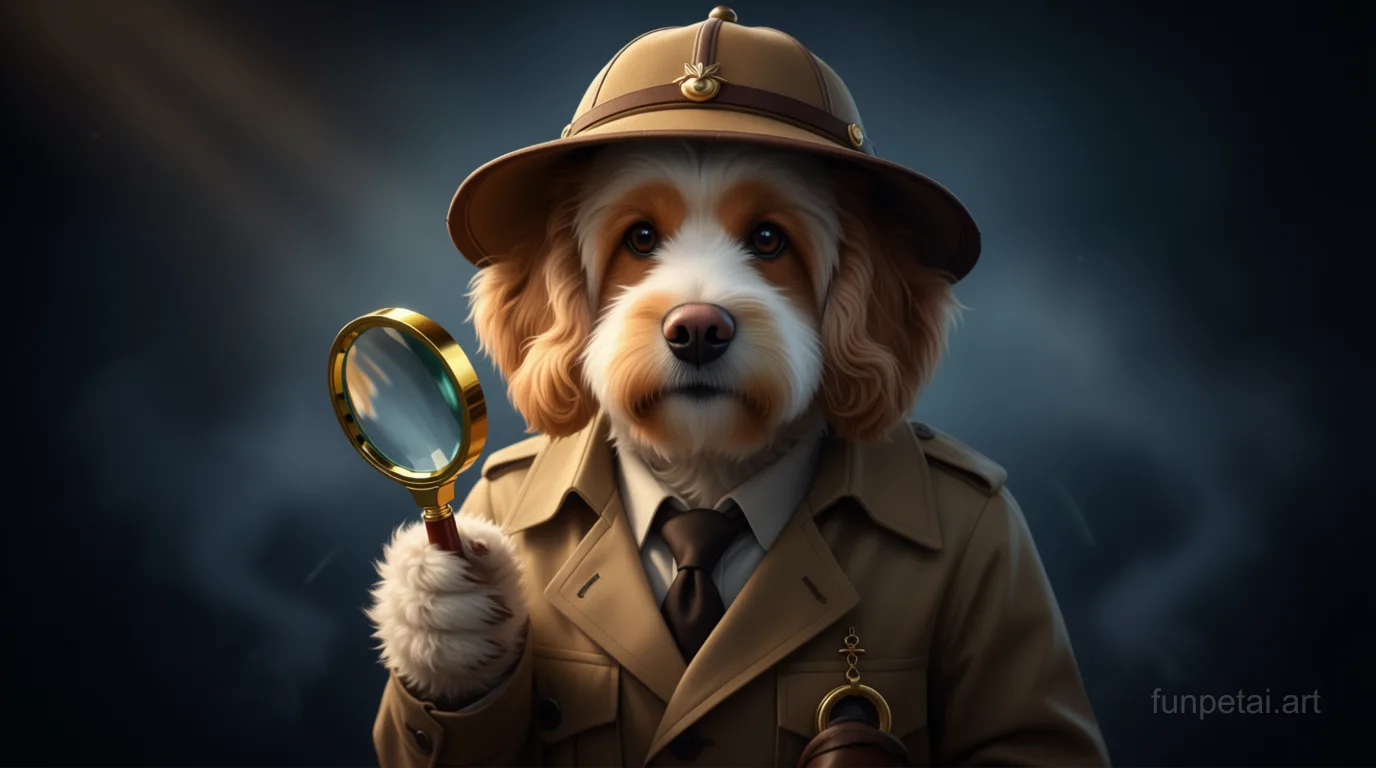 Cavapoo as a detective with a deerstalker hat and magnifier, cinematic AI pet portrait
