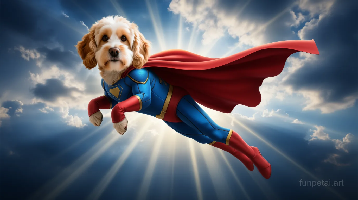 Cavapoo as a superhero with a cape and heroic sky, cinematic AI pet portrait