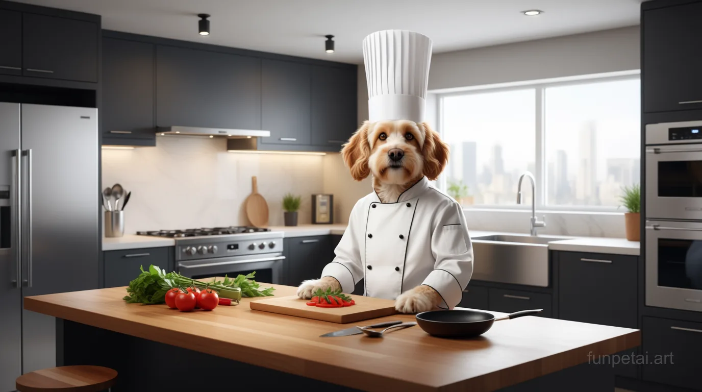 Cavapoo wearing a chef hat in a modern kitchen, cinematic AI pet portrait