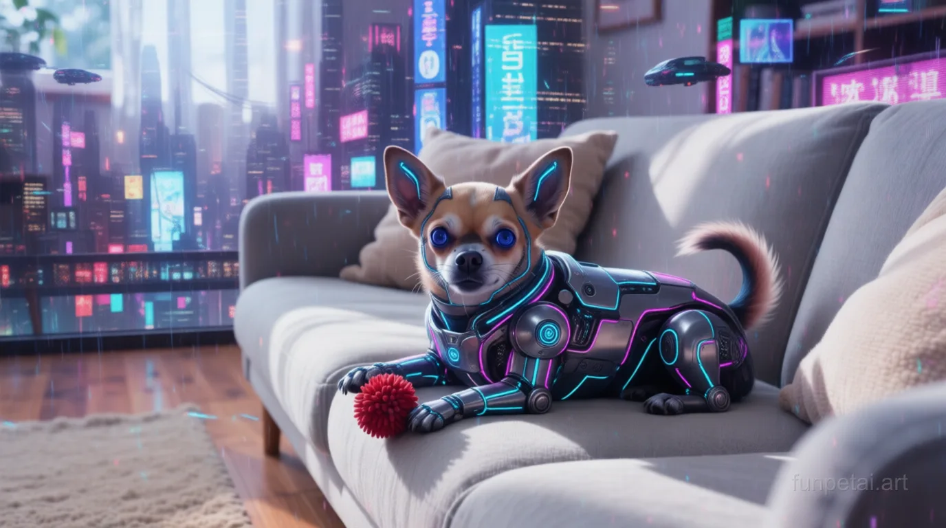 Chihuahua in neon cyberpunk city lights with metallic accents, cinematic AI pet portrait