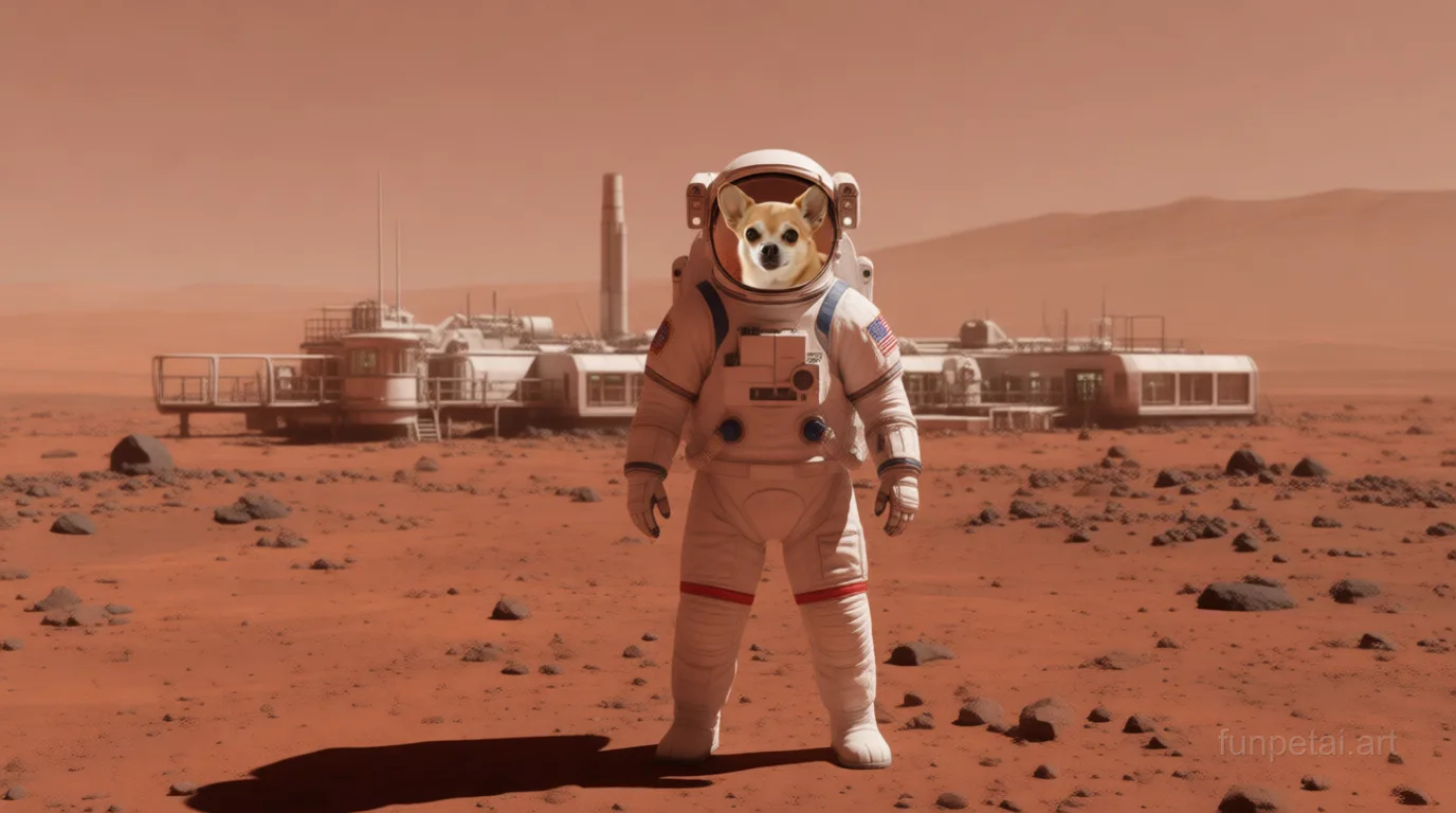 Chihuahua wearing a space suit on Mars, red planet glow, cinematic AI pet portrait