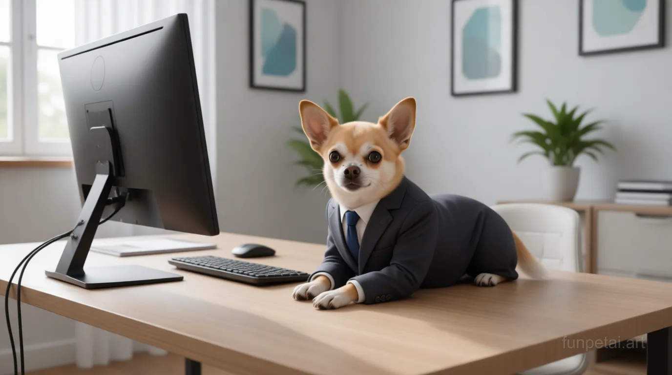 Chihuahua in a tailored suit at a modern office desk, cinematic AI pet portrait