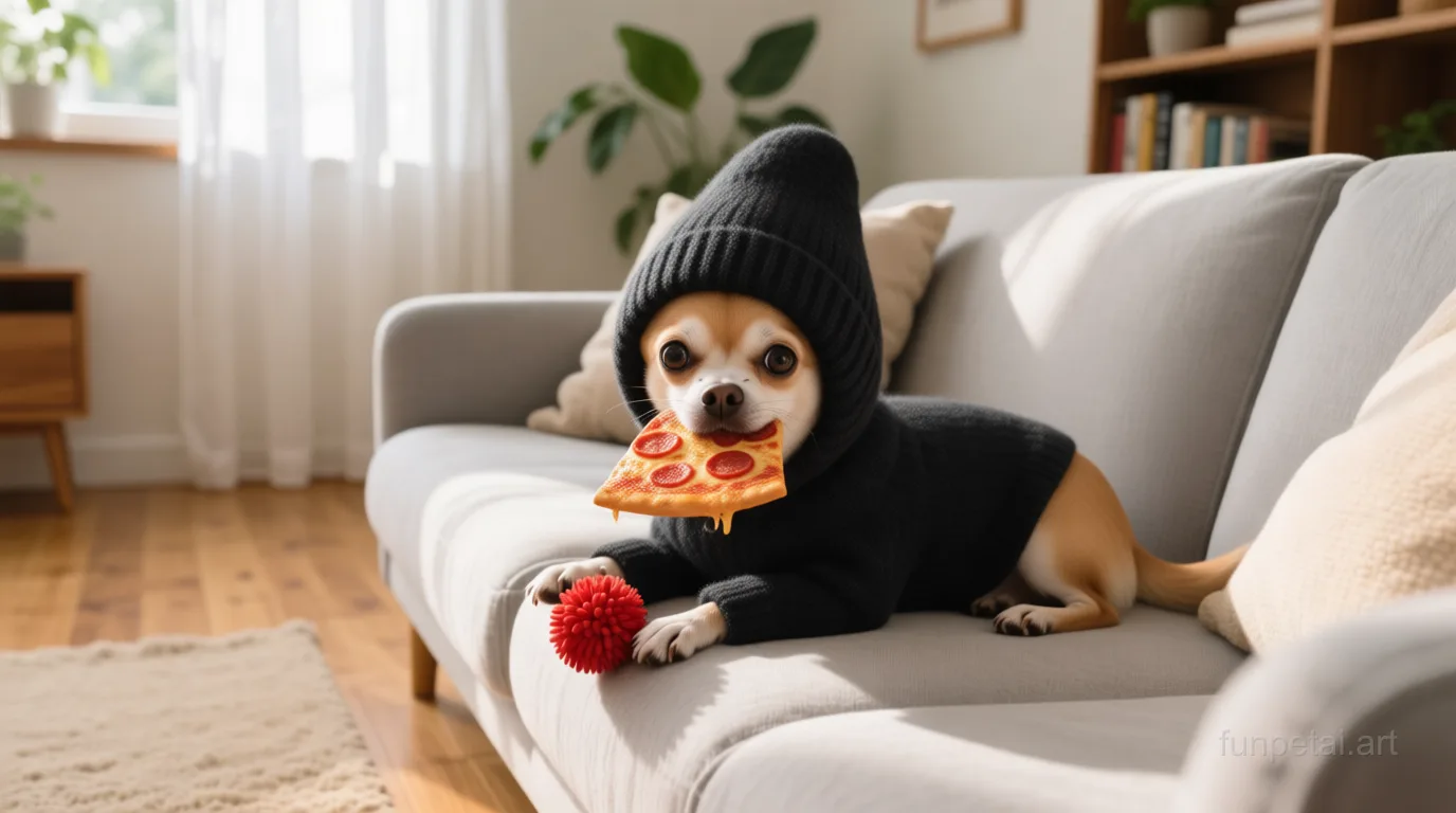 Chihuahua stealing a pizza slice with a playful expression, cinematic AI pet portrait