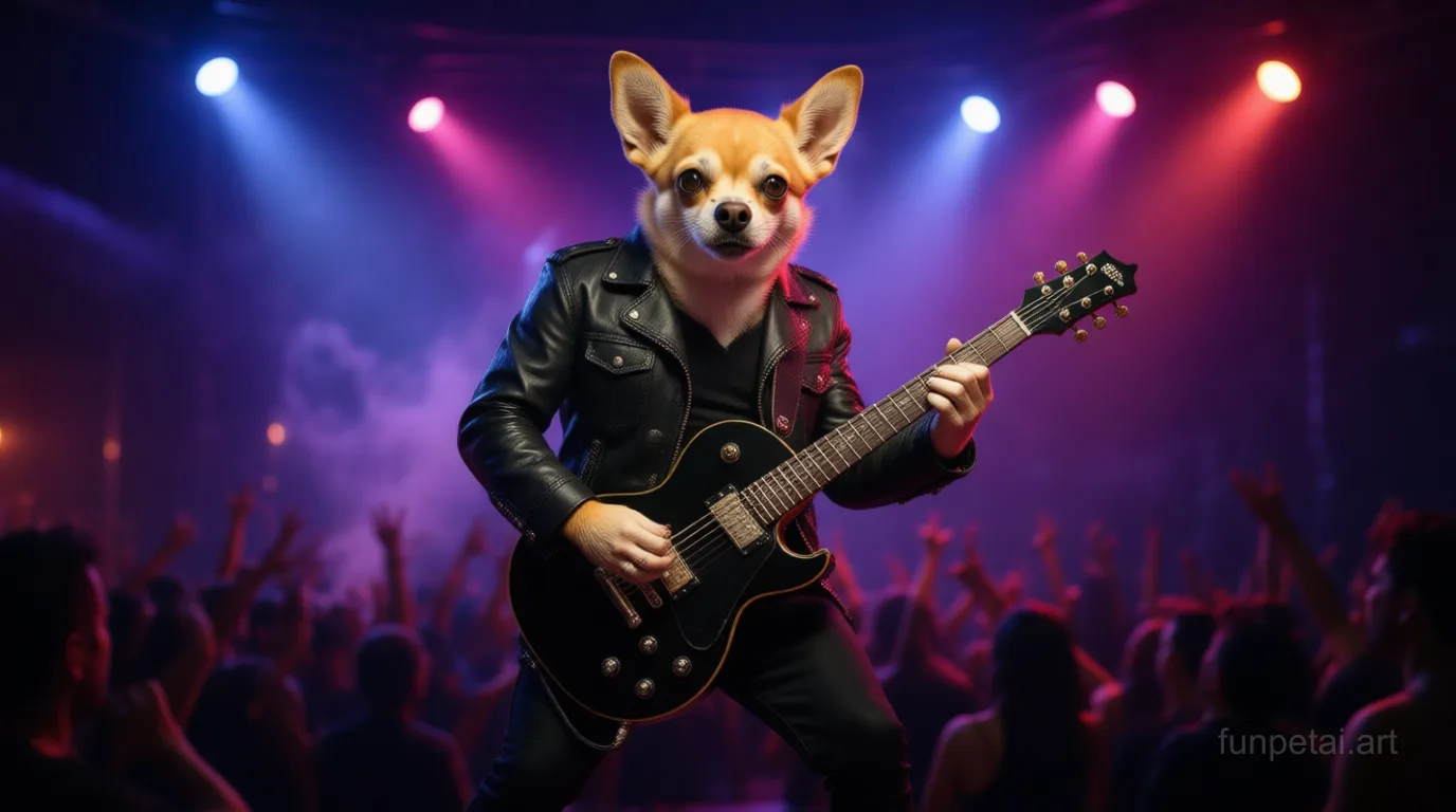 Chihuahua on stage with an electric guitar and concert lights, cinematic AI pet portrait
